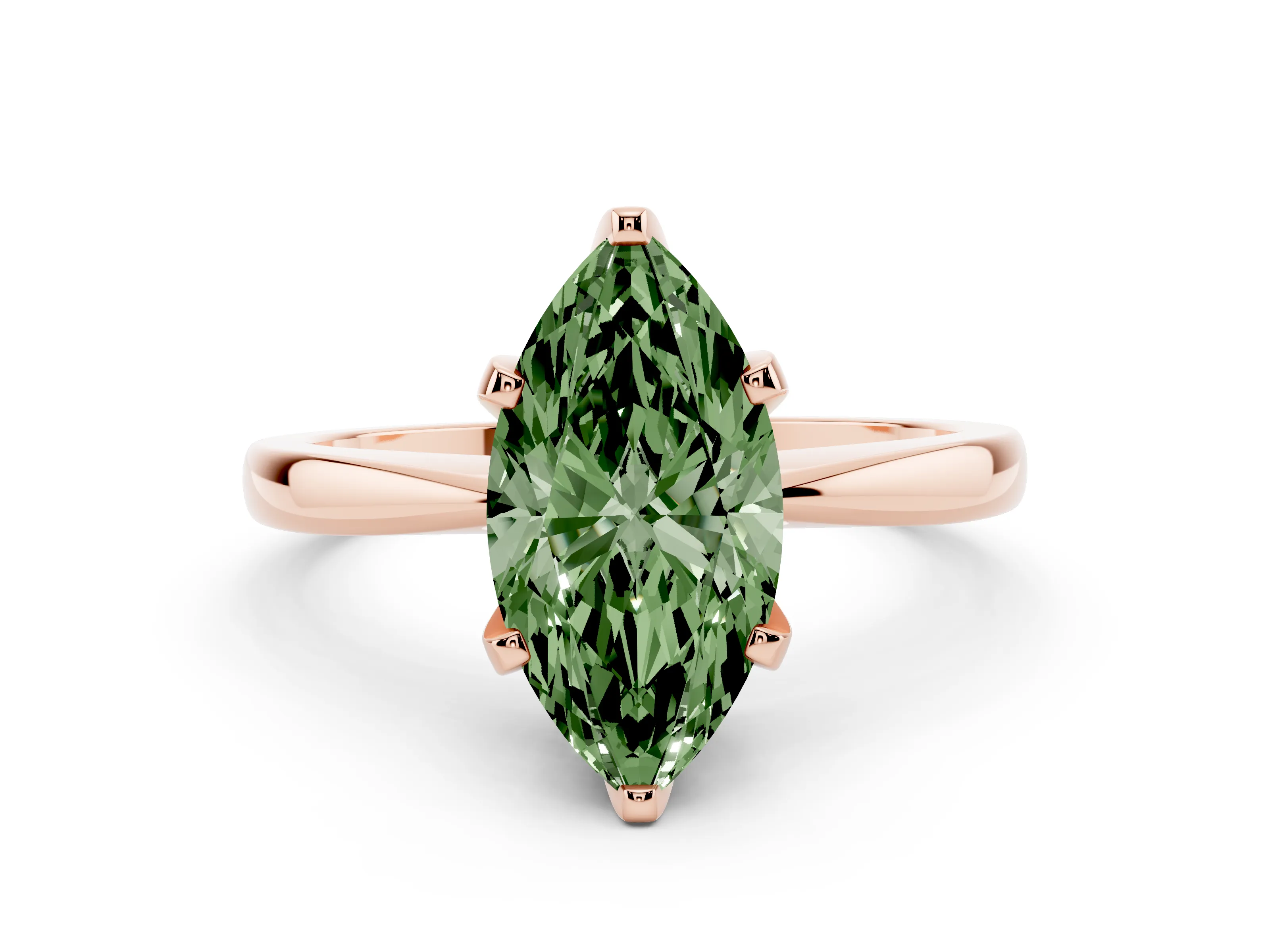 Fancy Green Marquise Cut Diamond Solitaire Engagement Ring Set in Rose gold with Slim Tapered Solitaire Band