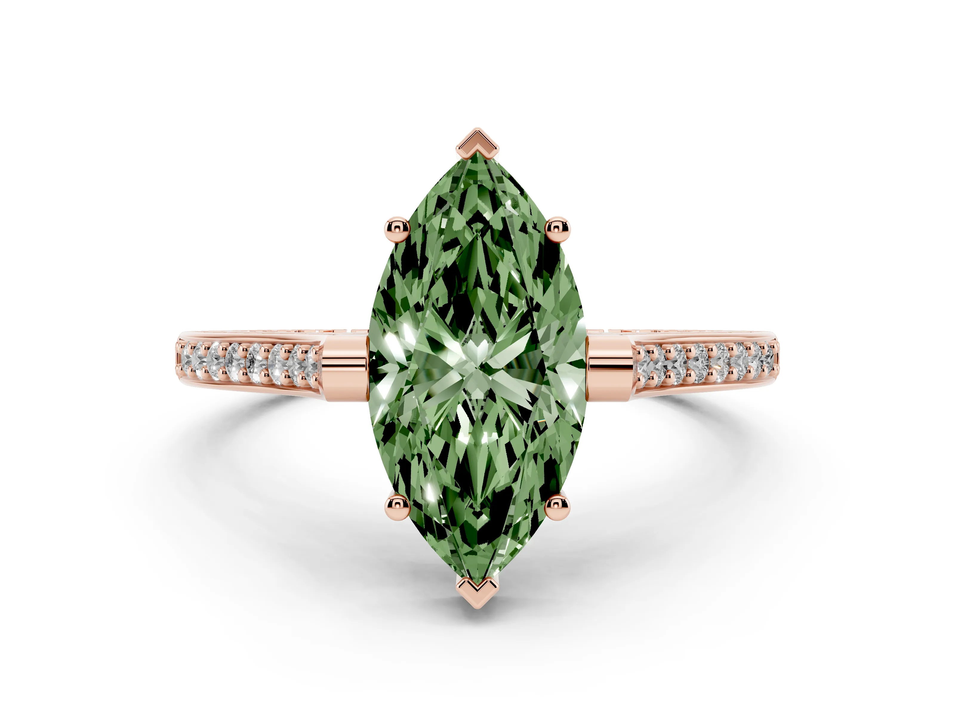 Fancy Green Marquise Cut Diamond Solitaire Ring Set in Rose gold with Channel Set Band and Bezel Prong Setting