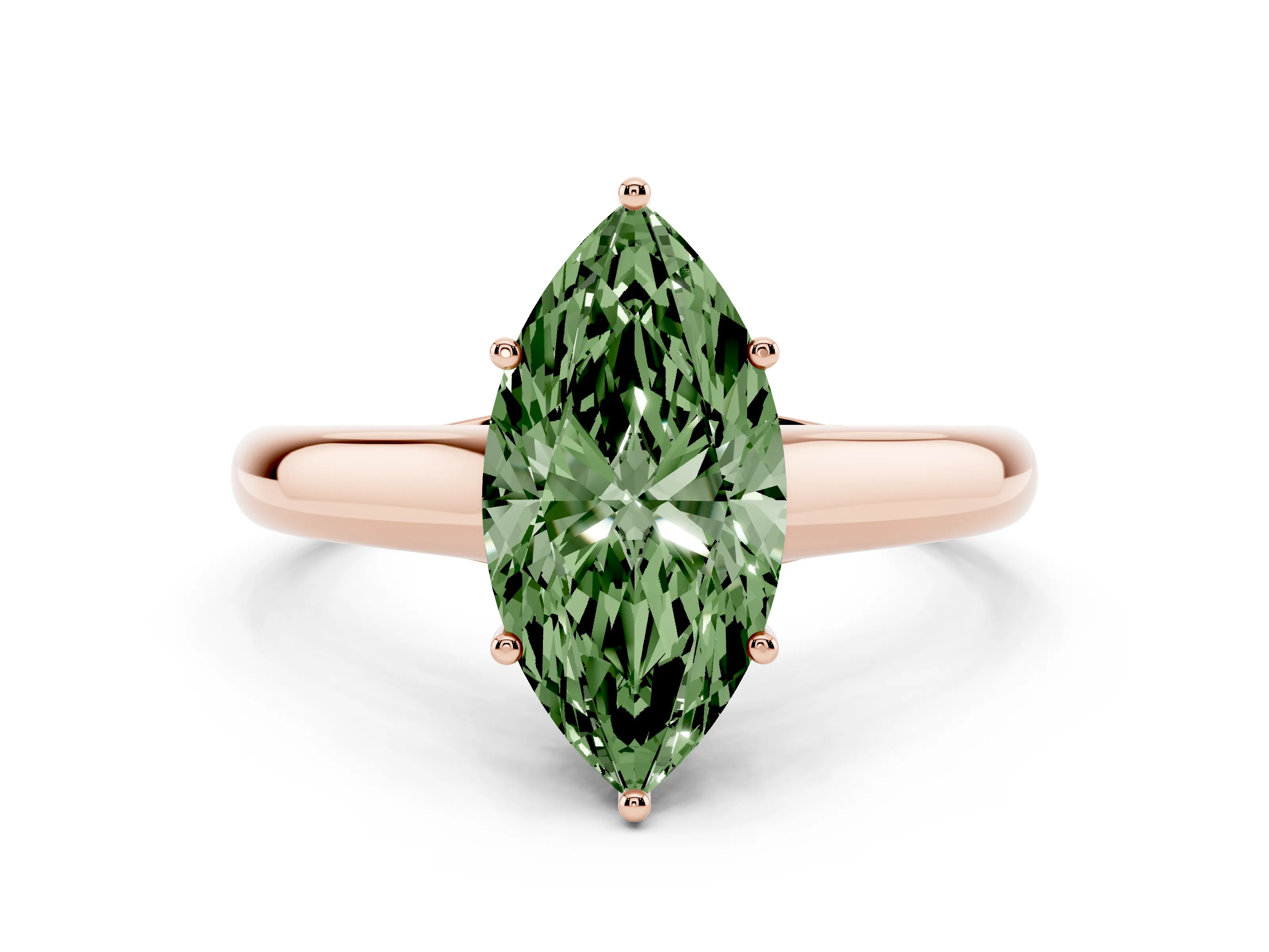 Fancy Green Marquise Cut Diamond Solitaire Engagement Ring Set in Rose gold with Subtly Tapered Band and Prong Setting