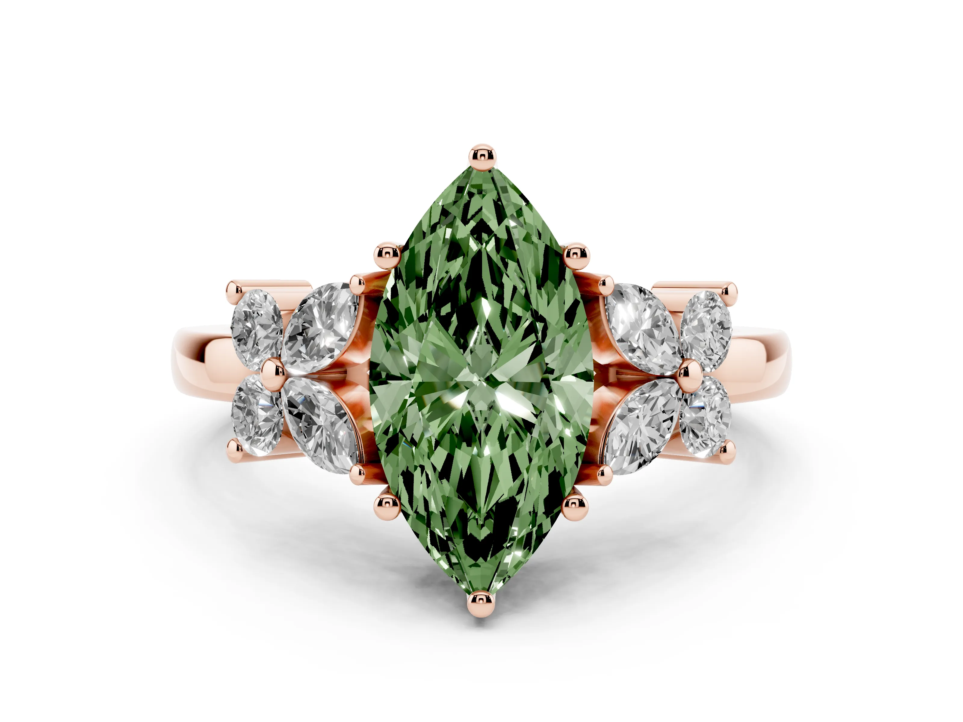 Fancy Green Marquise Cut Diamond Floral Cluster Ring Set in Rose gold with Marquise Petals and Prong Setting