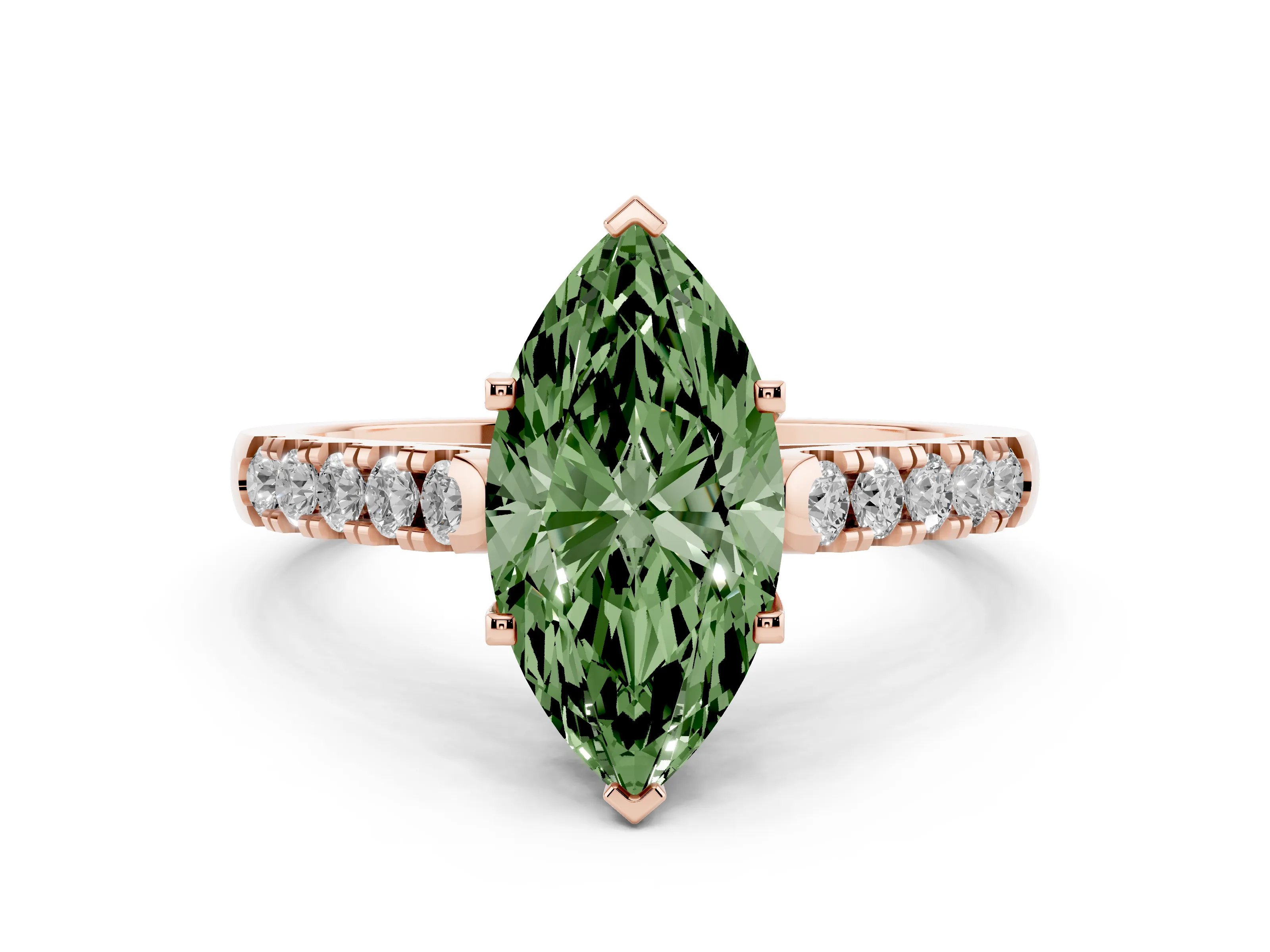 Fancy Green Marquise Cut Diamond Pavé Band Solitaire Ring Set in Rose gold with Partway Accent Stones and Prong Setting