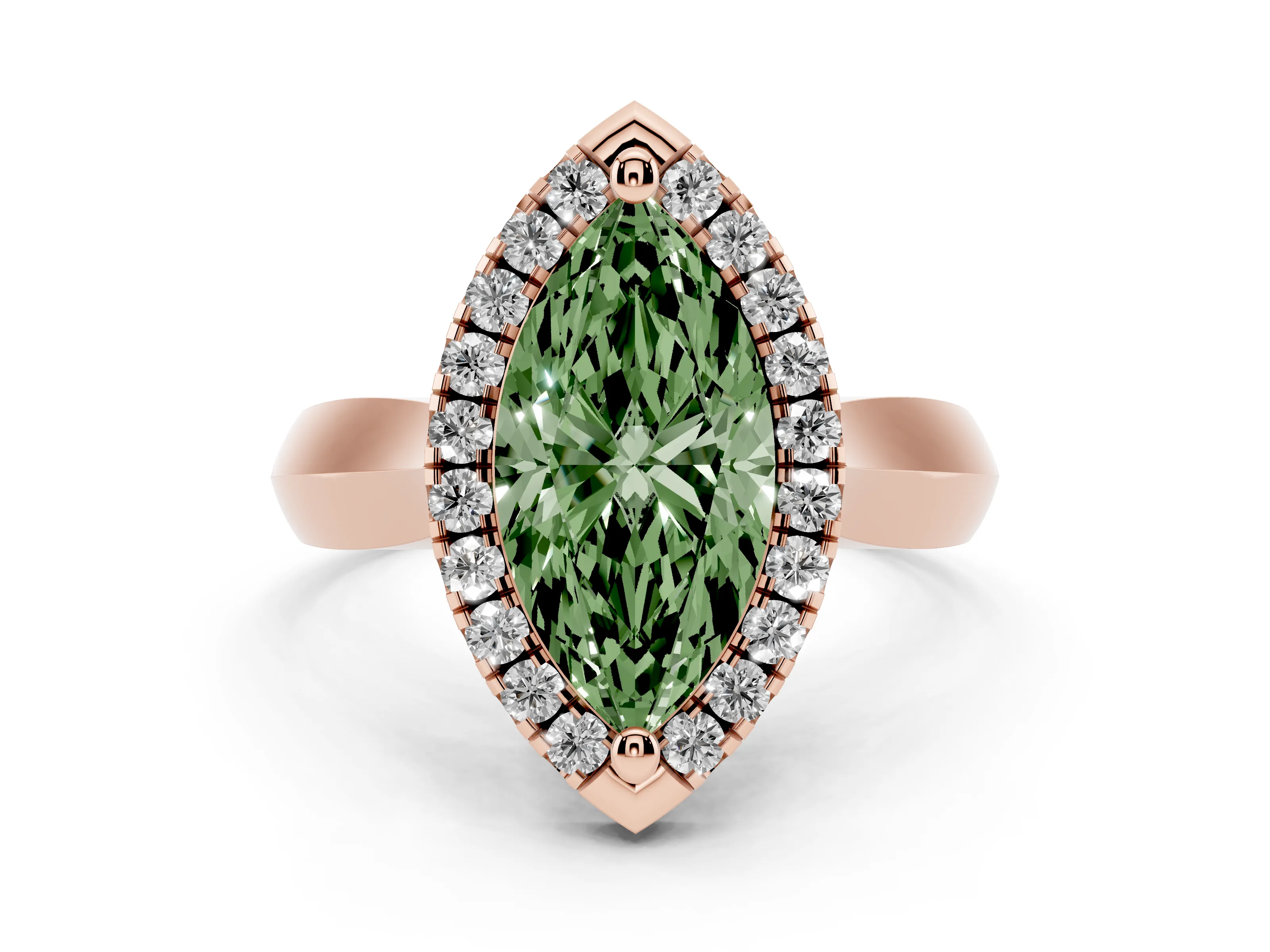 Fancy Green Marquise Cut Diamond Halo Solitaire Engagement Ring Set in Rose gold with Square Band and Prong Setting