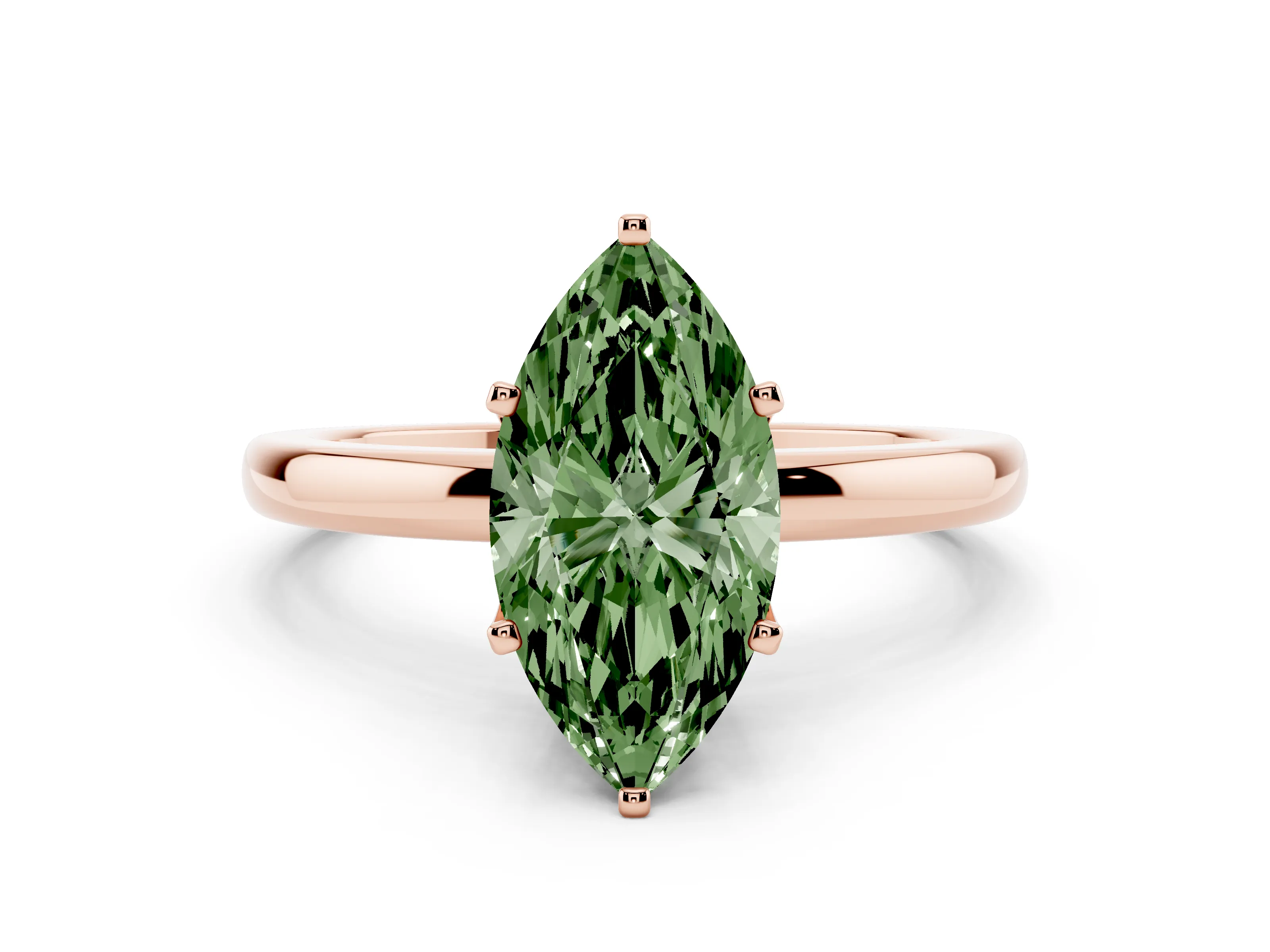 Fancy Green Marquise Cut Diamond Solitaire Ring Set in Rose gold with Raised Prong Setting on a Classic Band
