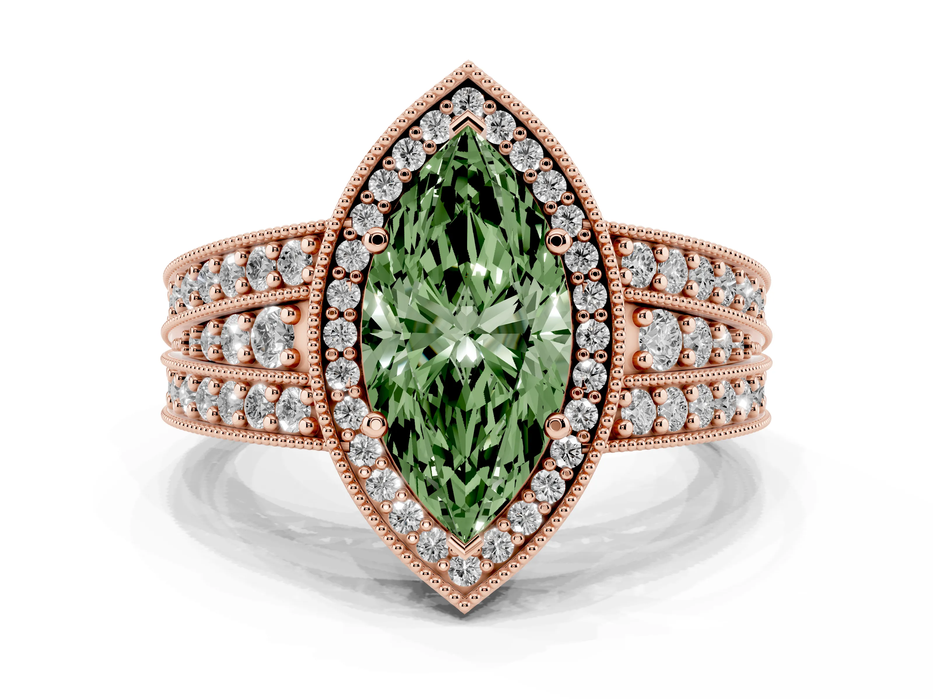 Fancy Green Marquise Cut Diamond Halo Ring Set in Rose gold with Accent Split Shank and Prong Setting
