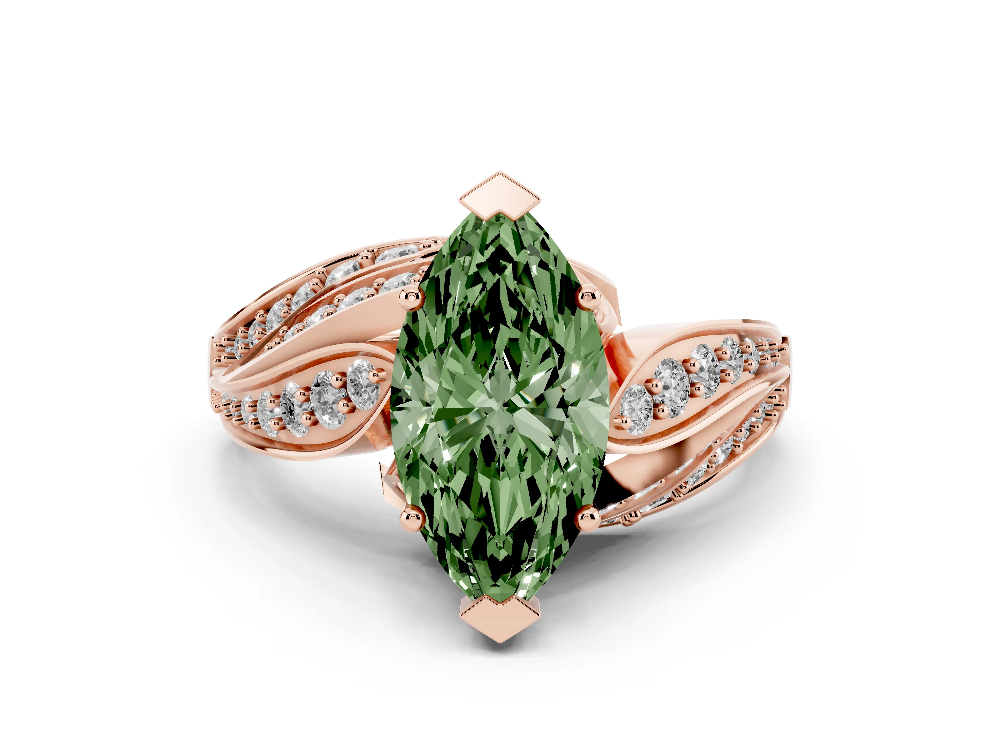 Fancy Green Marquise Cut Diamond Solitaire Ring Set in Rose gold with Layered Twist Pavé Band