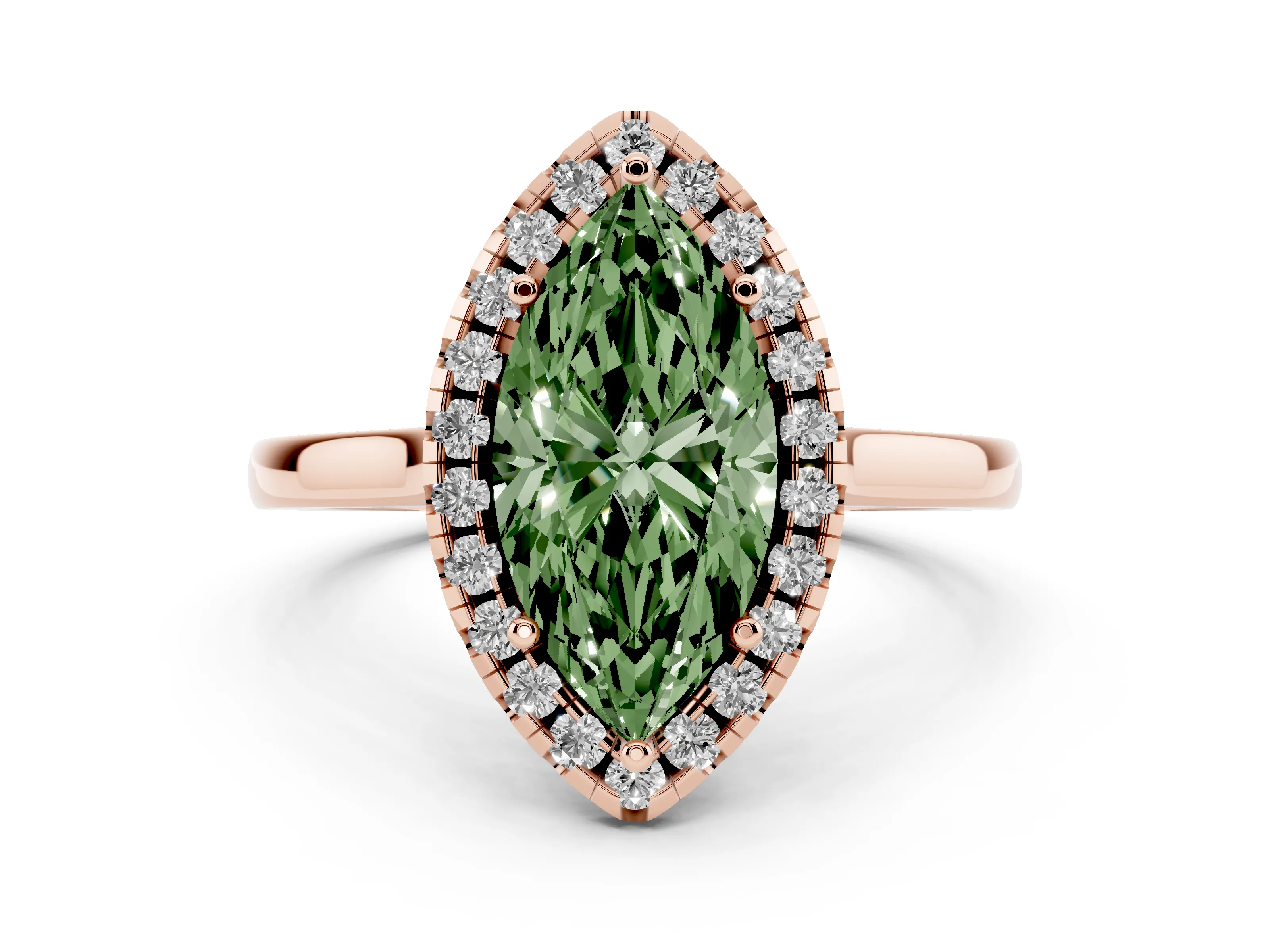 Fancy Green Marquise Cut Halo Round Diamond Solitaire Ring Set in Rose gold with Pavé Band and Prong Setting