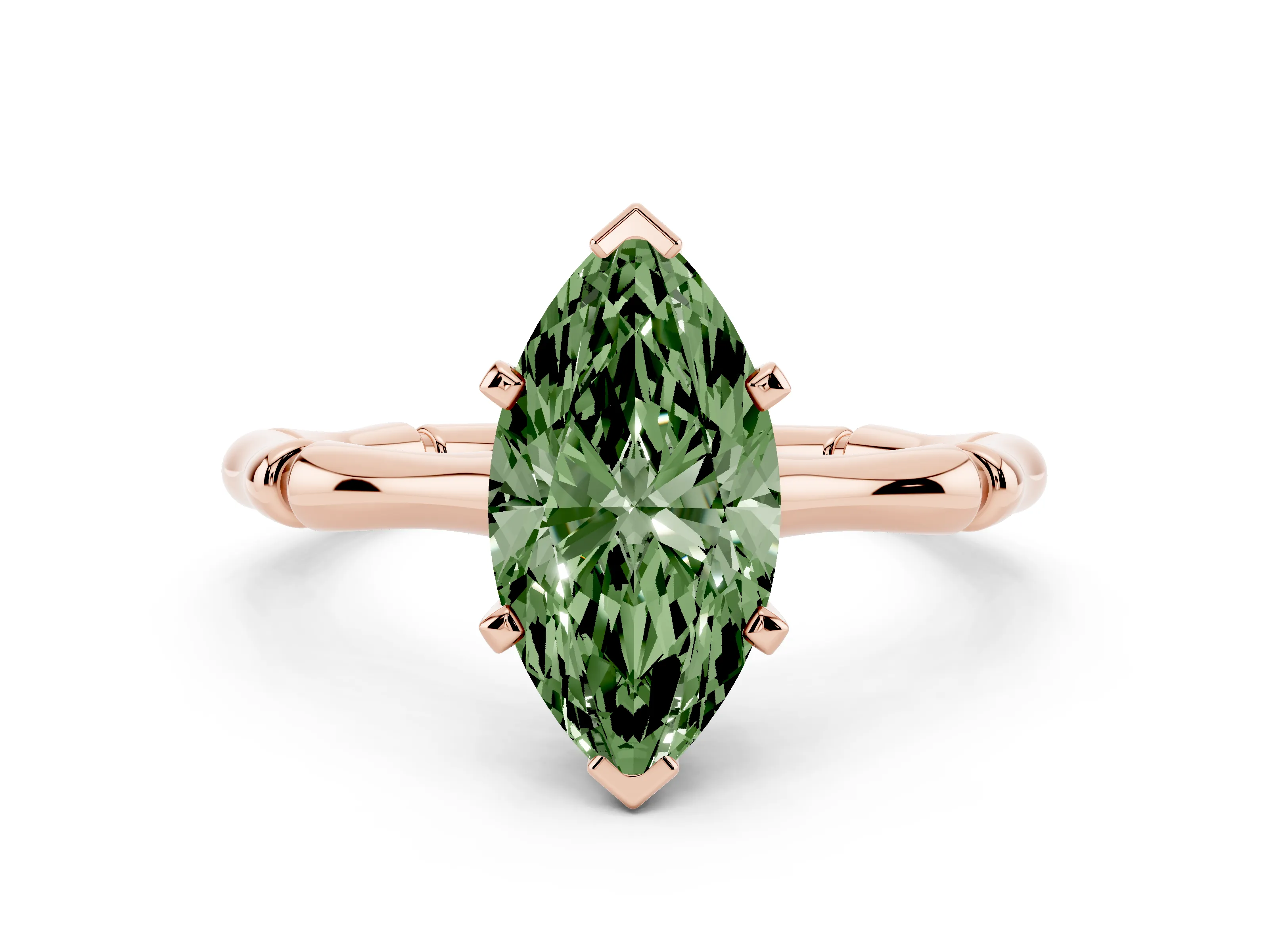 Fancy Green Marquise Cut Diamond Solitaire Ring Set in Rose gold with Bamboo Band and Prong Setting