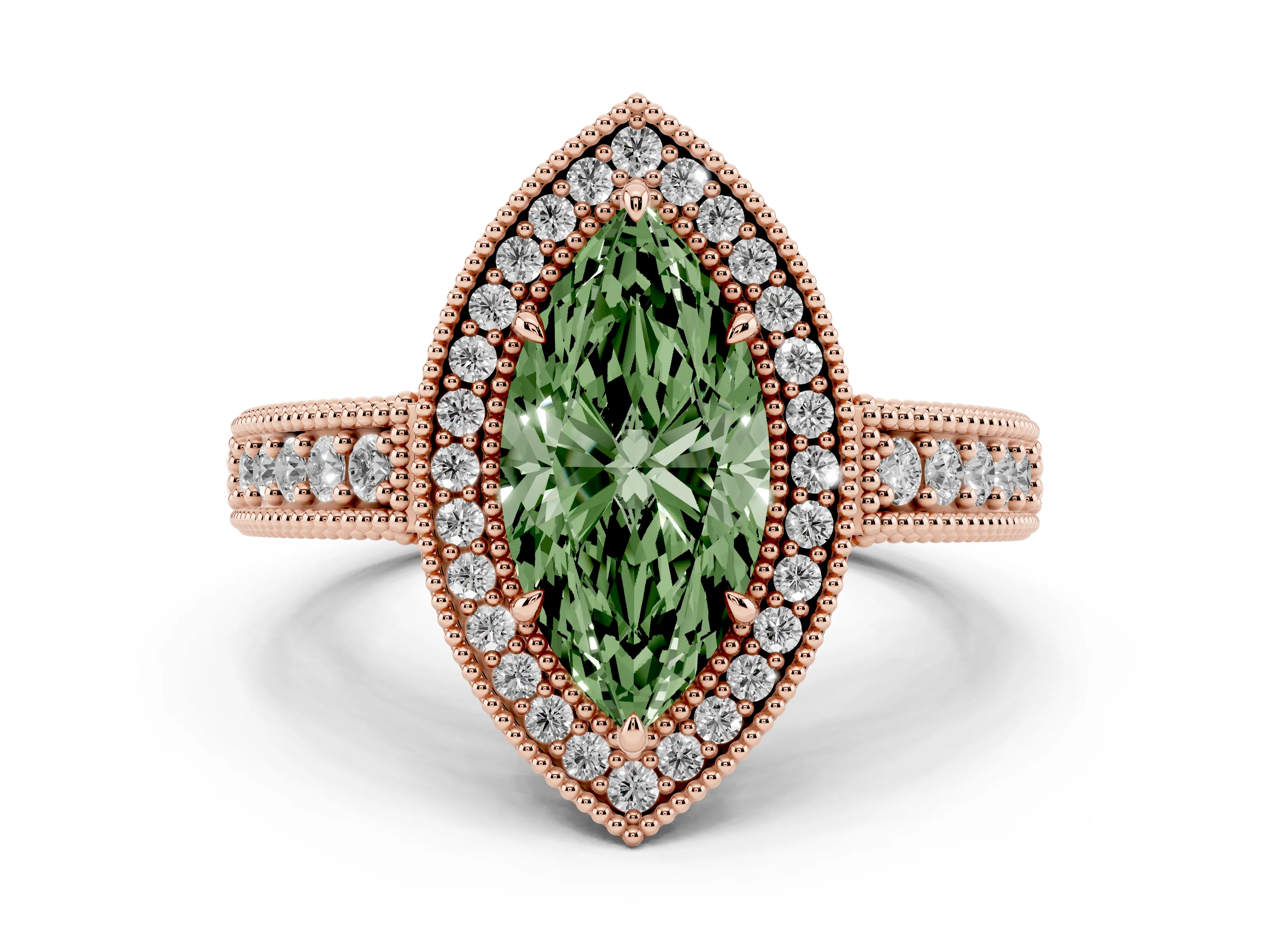 Fancy Green Marquise Cut Diamond Halo Ring Set in Rose gold with Round Accent Halo, Pavé Band and Prong Setting