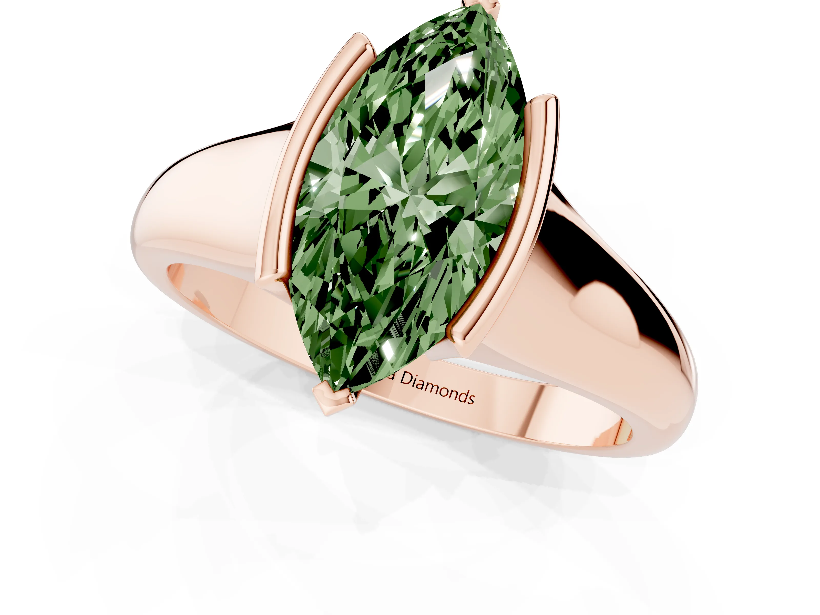 Fancy Green Marquise Cut Diamond Solitaire Tension Set Ring Set in Rose gold with Split Shank Band