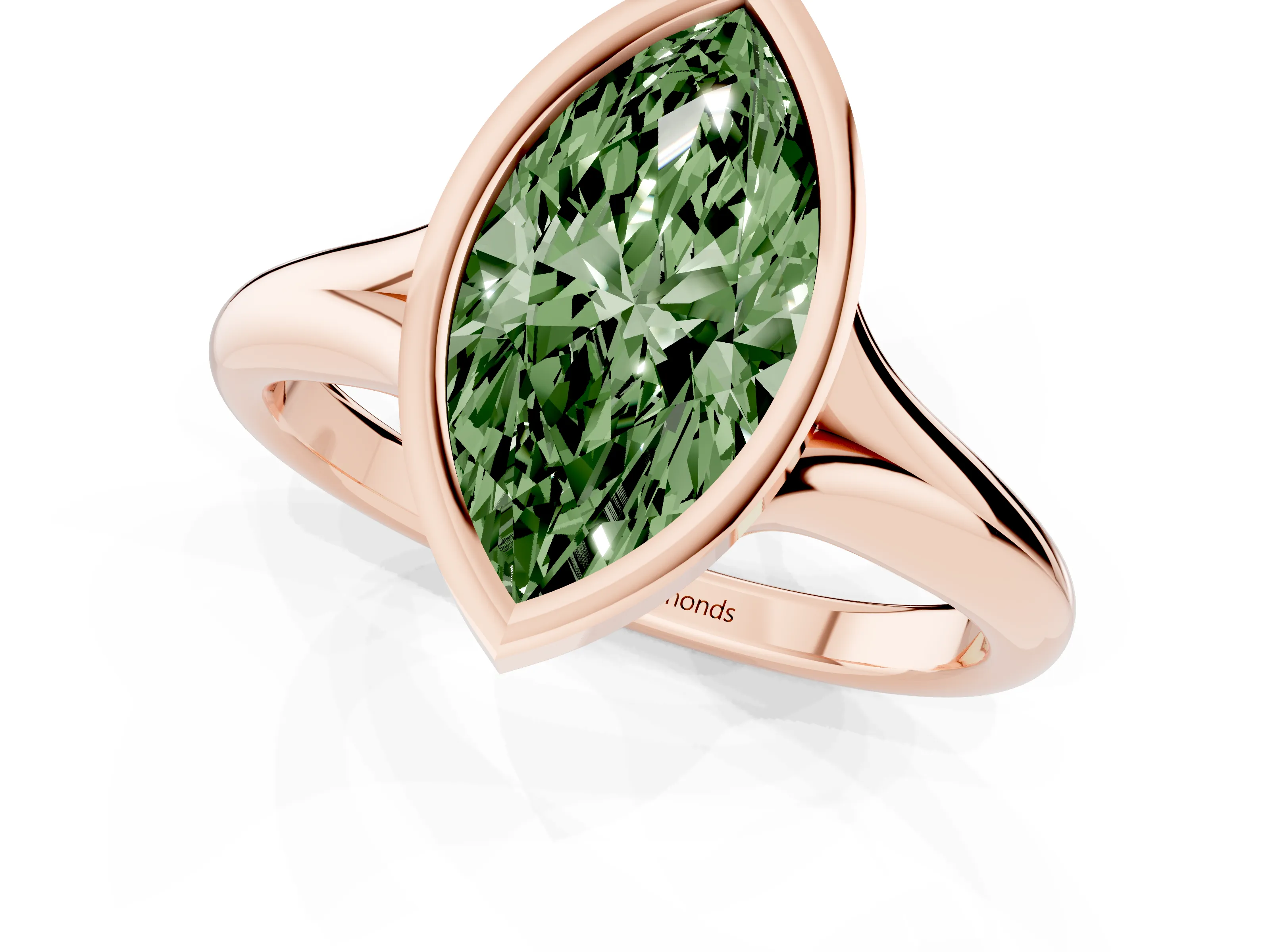 Fancy Green Bezel Set Marquise Cut Diamond Solitaire Ring Set in Rose gold with Smooth Band