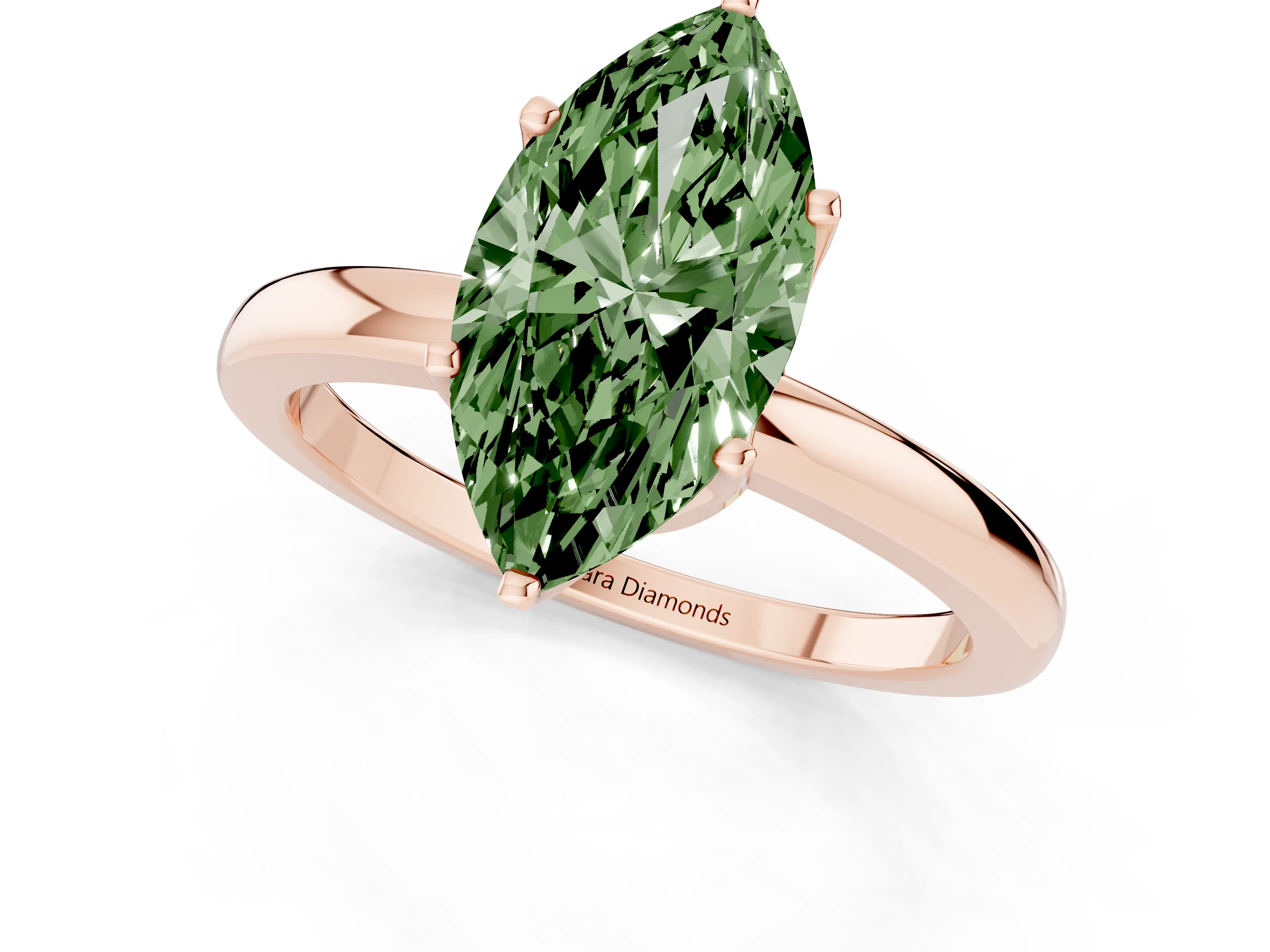 Fancy Green Marquise Cut Diamond Solitaire Ring Set in Rose gold with Raised Prong Setting on a Classic Band