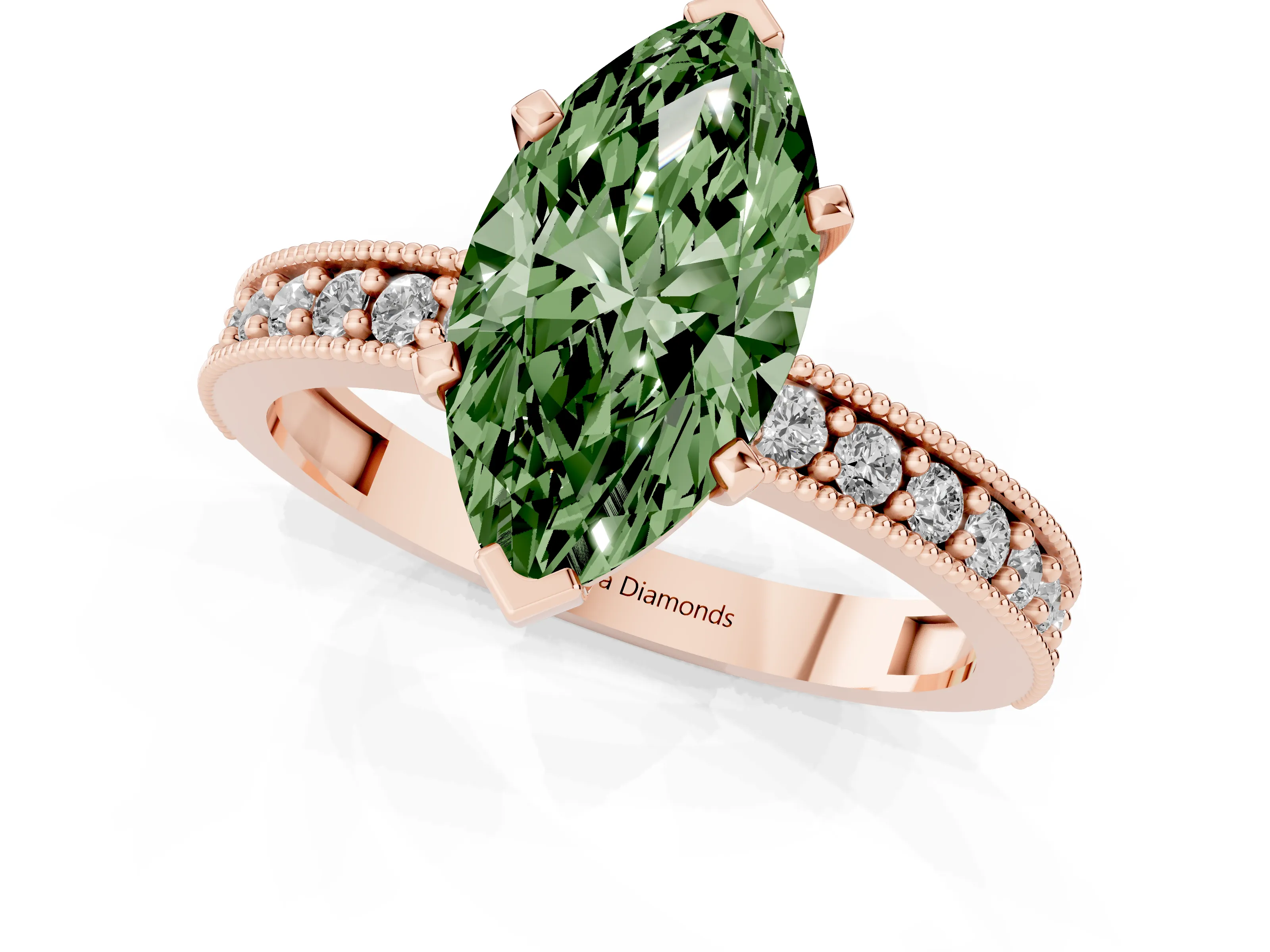 Fancy Green Marquise Cut Diamond Milgrain Pavé Engagement Ring Set in Rose gold with Prong Setting