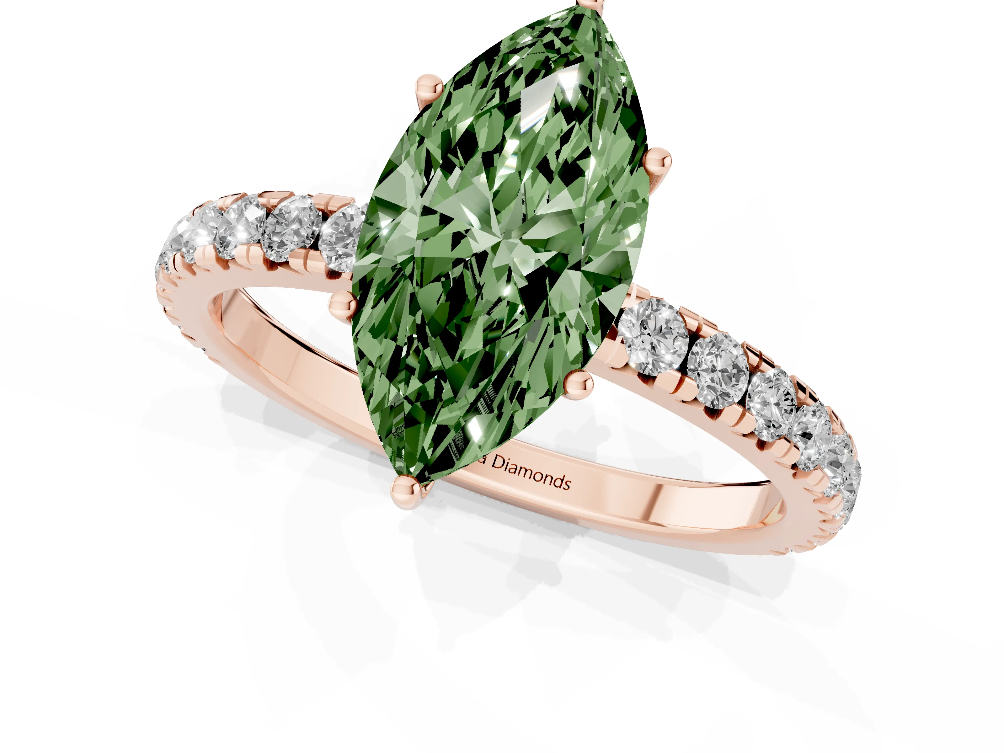 Fancy Green Marquise Cut Diamond Pavé Solitaire Engagement Ring Set in Rose gold with Prong Setting