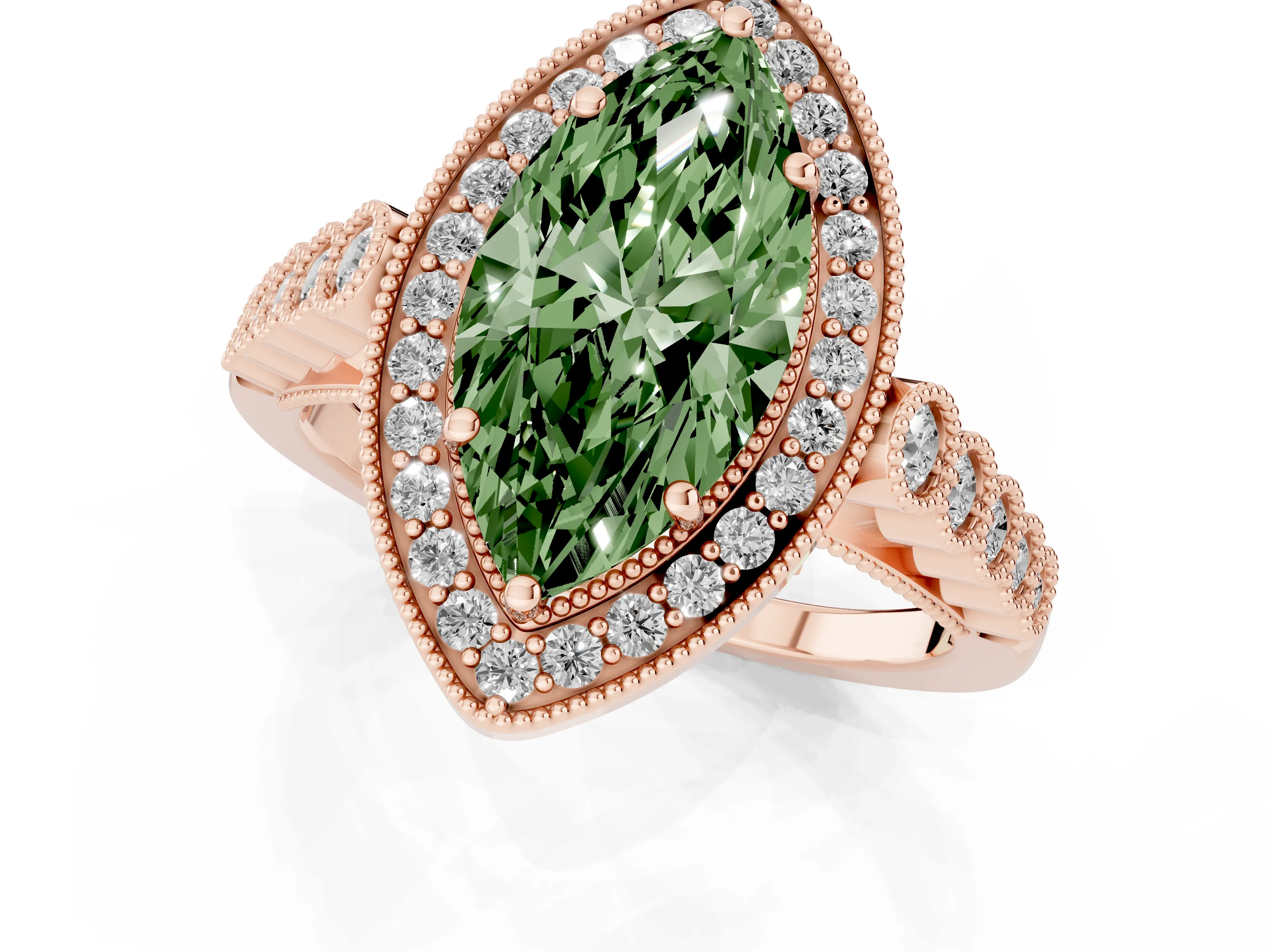 Fancy Green Marquise Cut Diamond Milgrain Halo Solitaire Ring Set in Rose gold with Bezel Set Side Stones and Pavé Band