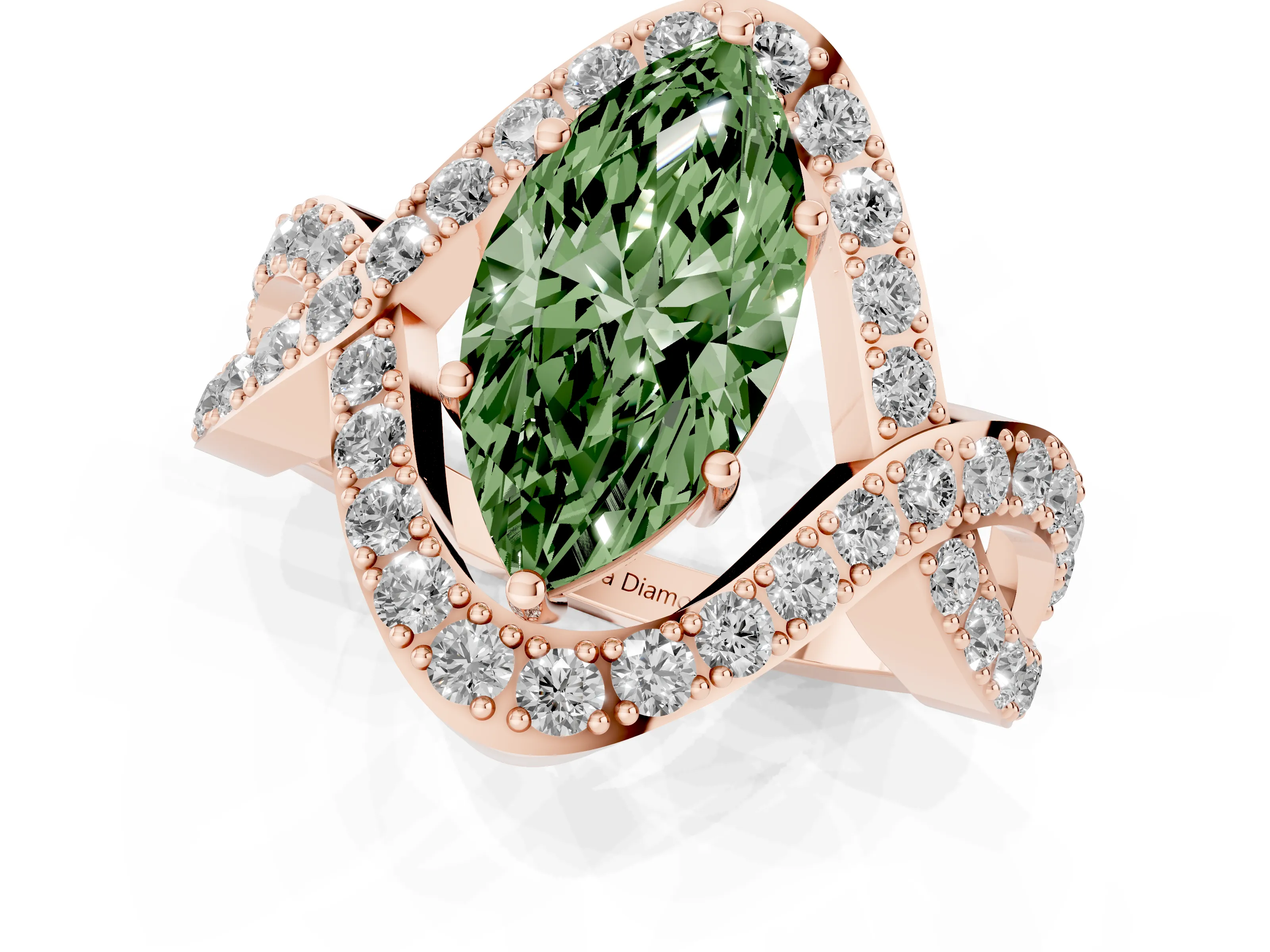 Fancy Green Marquise Cut Diamond Solitaire Twist Band Pavé Engagement Ring Set in Rose gold