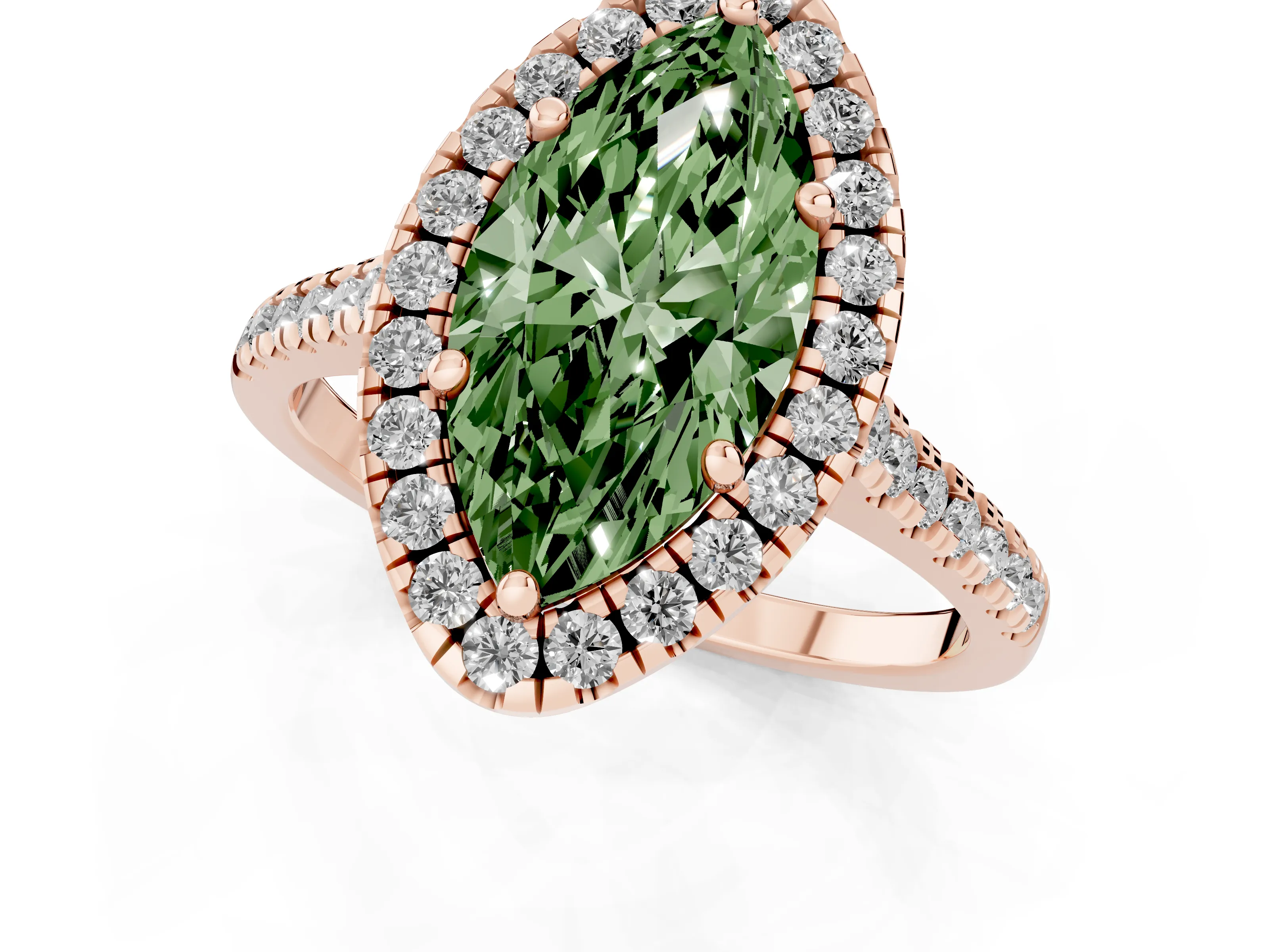 Fancy Green Marquise Cut Diamond Cushion Halo Ring Set in Rose gold with Pavé Band