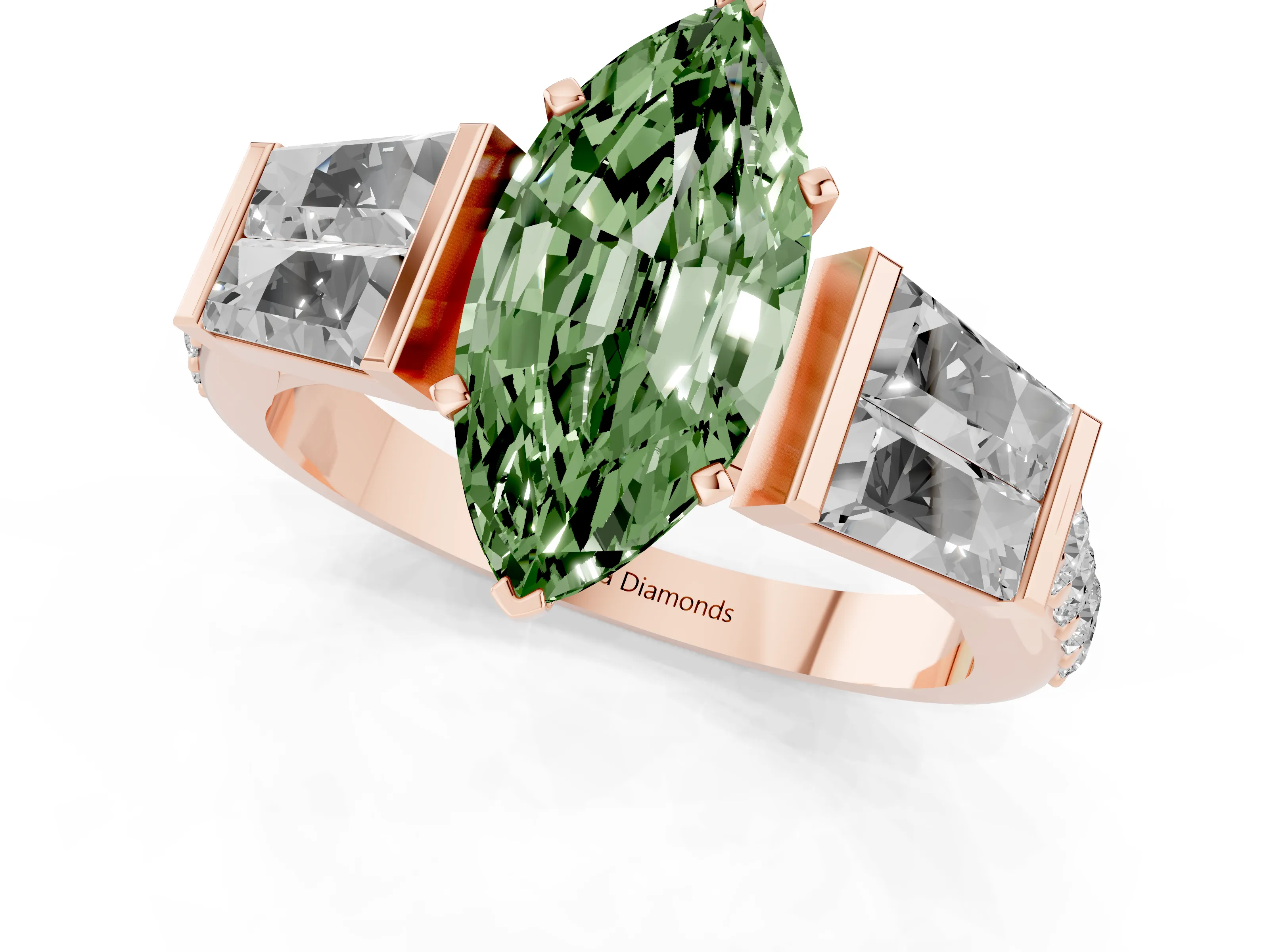 Fancy Green Marquise Cut Diamond Engagement Ring Set in Rose gold with Baguette Side Stones and Channel Set Band
