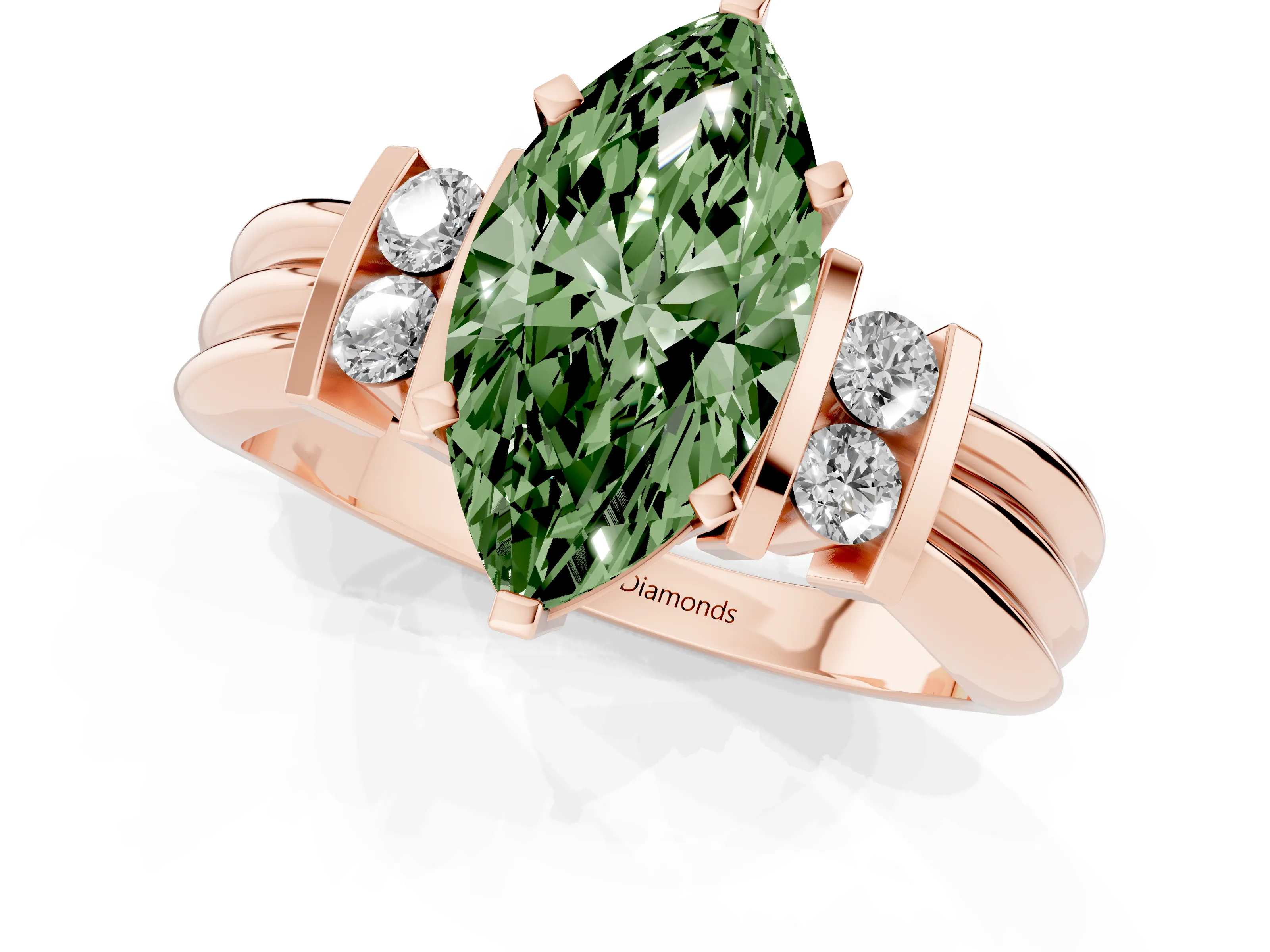 Fancy Green Three-Stone Marquise Cut Diamond Channel Set Ring Set in Rose gold with Bar Prongs