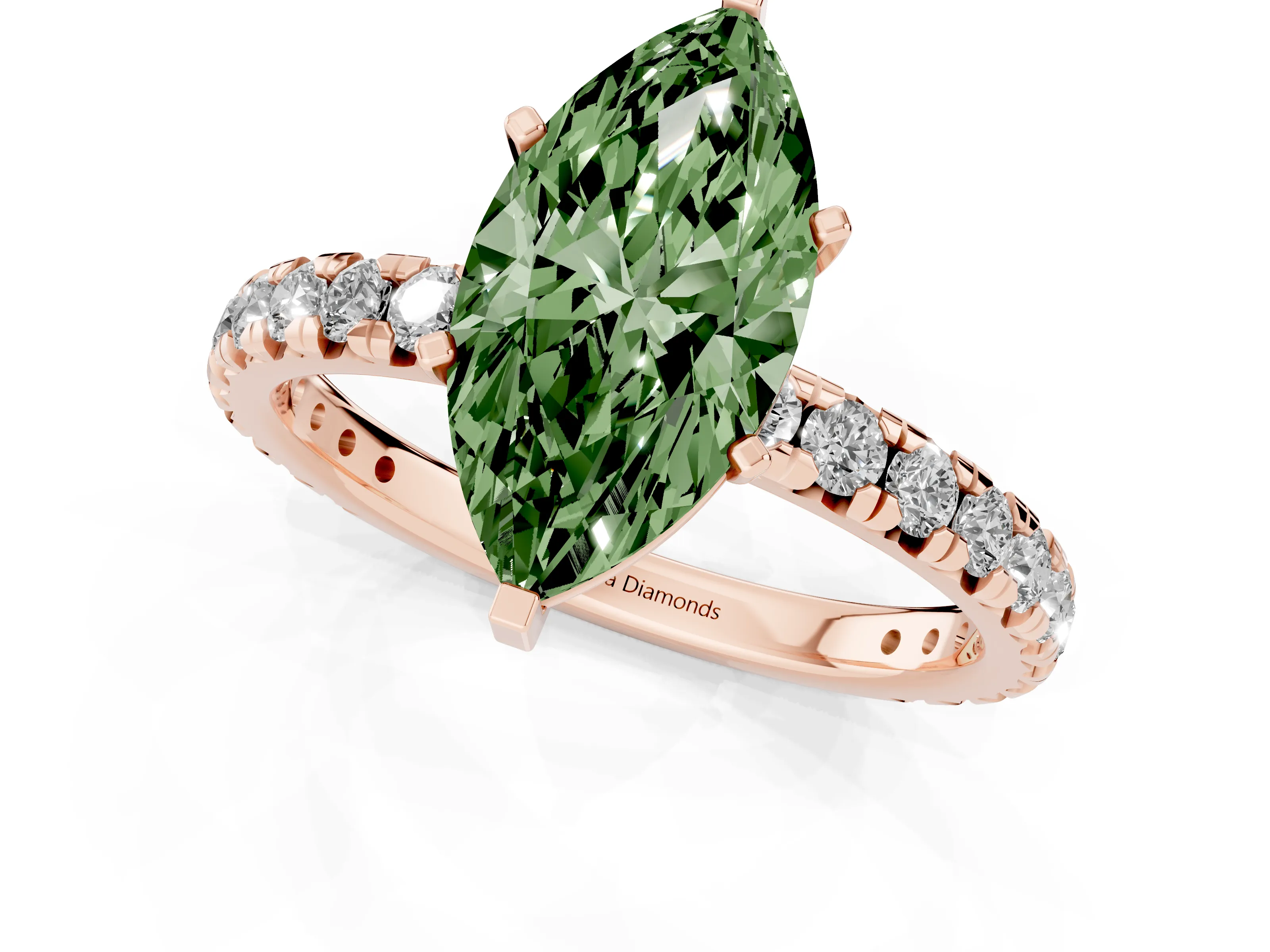 Fancy Green Marquise Cut Diamond Pavé Solitaire Ring Set in Rose gold with Round Band and Prong Setting