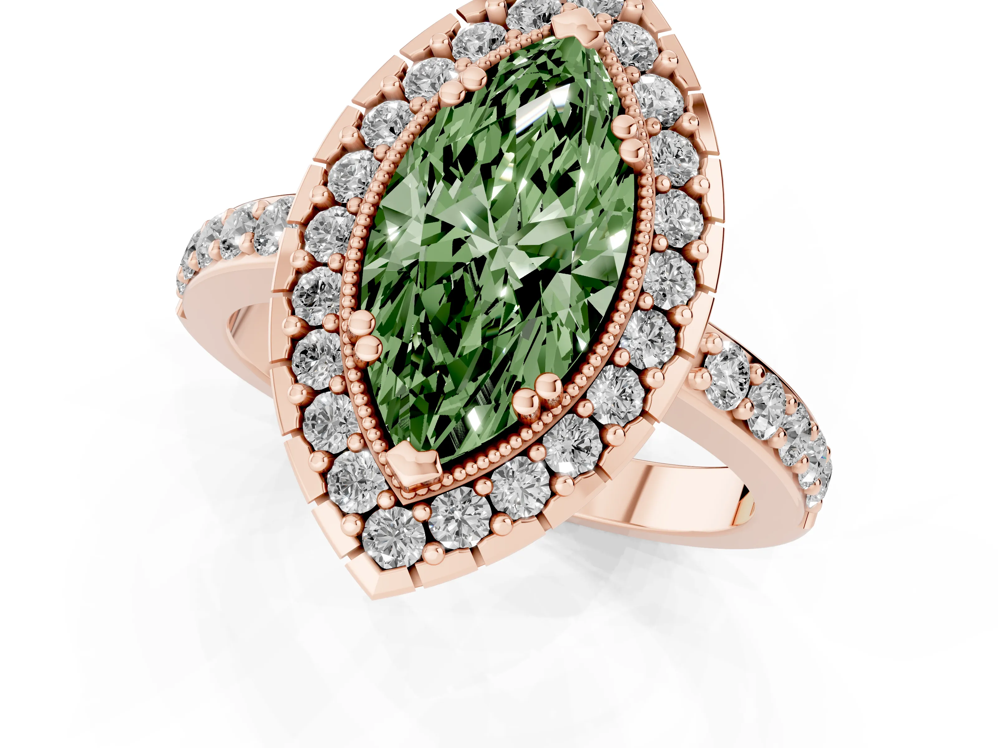 Fancy Green Marquise Cut Diamond Halo Ring Set in Rose gold with Pavé Shank and Prong Setting