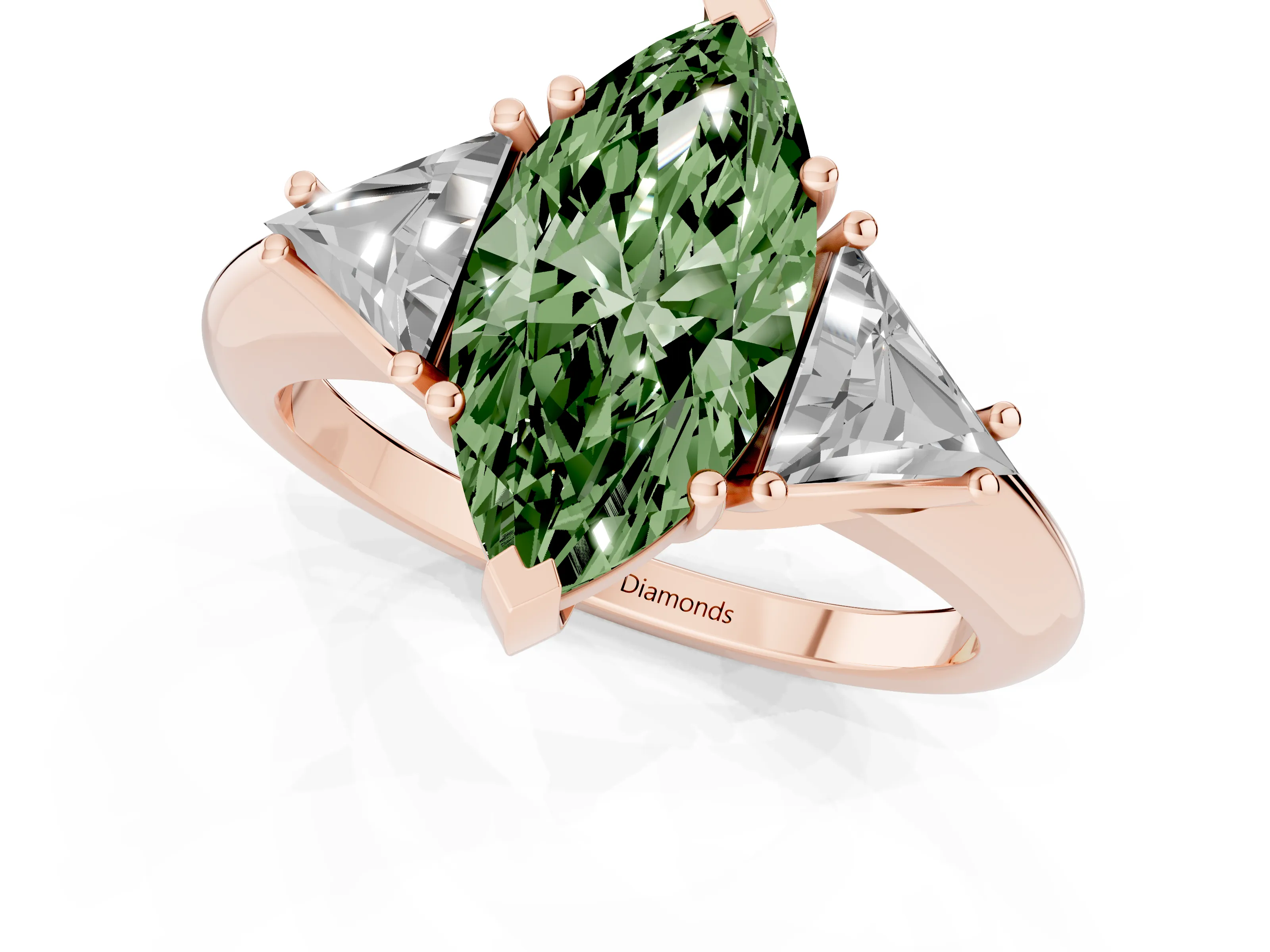 Fancy Green Marquise Cut Diamond Three-Stone Engagement Ring Set in Rose gold with Trillion Side Stones