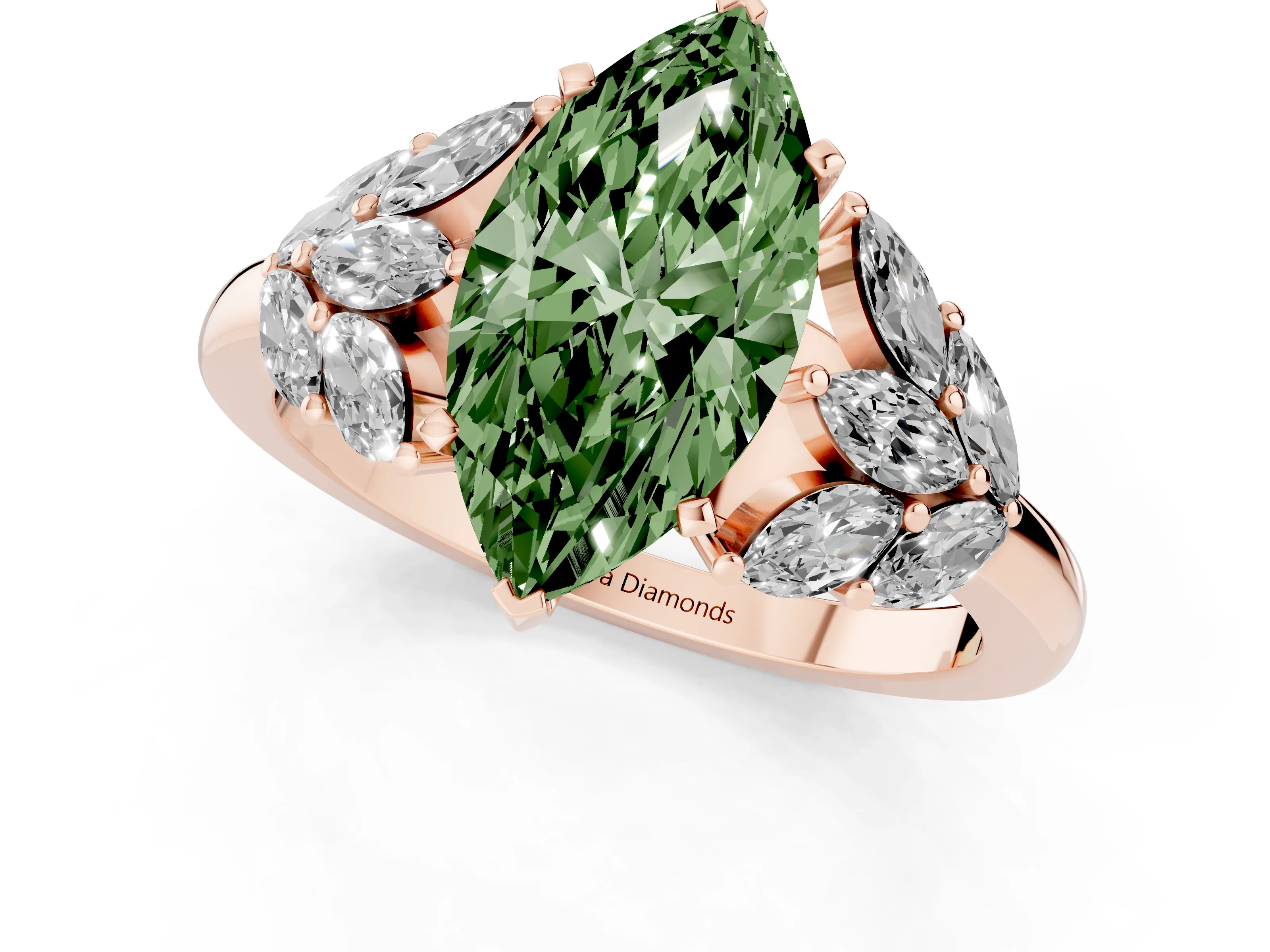 Fancy Green Marquise Cut Diamond Cluster Leaf Design Ring Set in Rose gold with Prong Setting