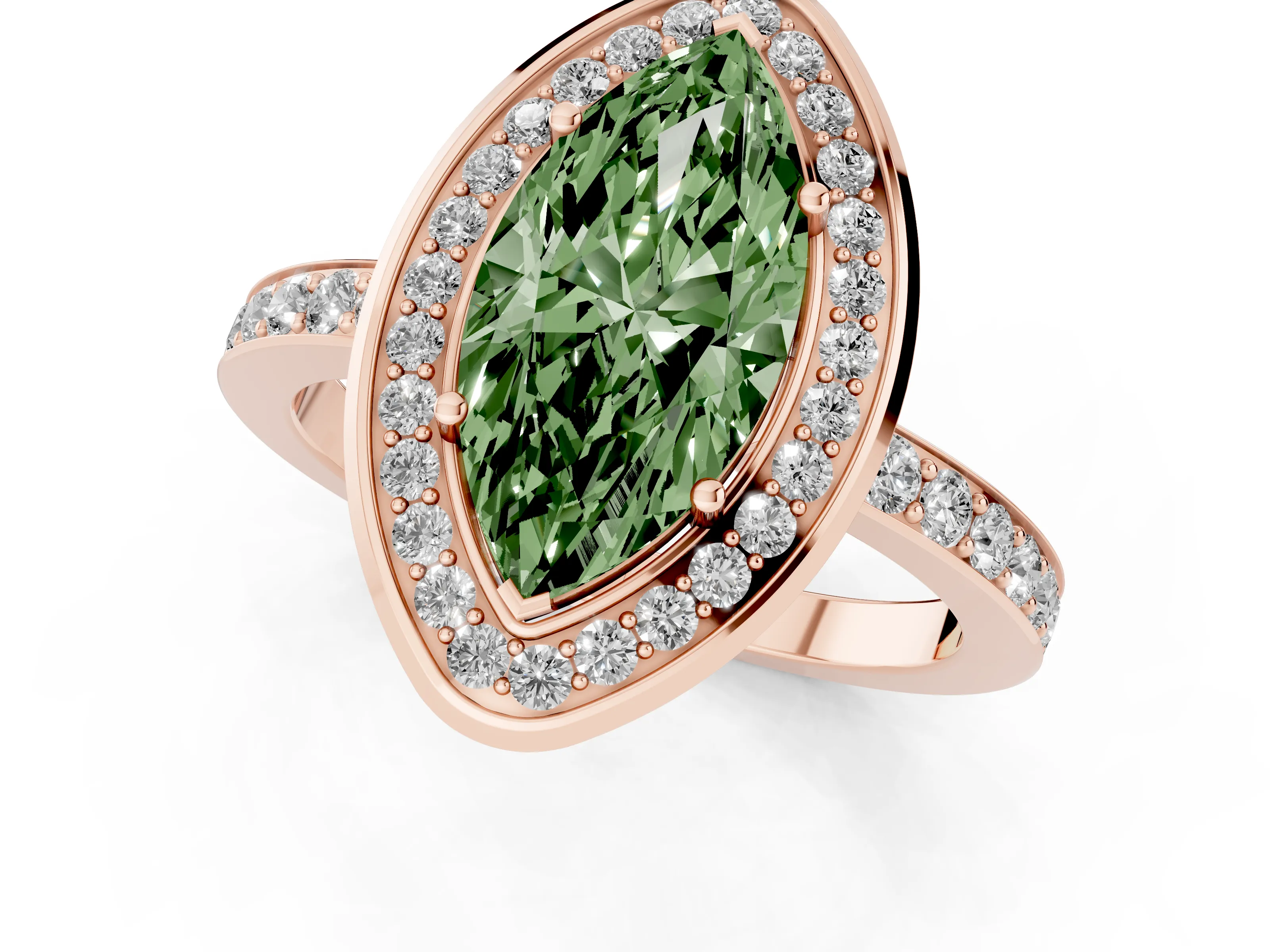 Fancy Green Marquise Cut Diamond Halo Ring Set in Rose gold with Bezel Frame and Pavé Band