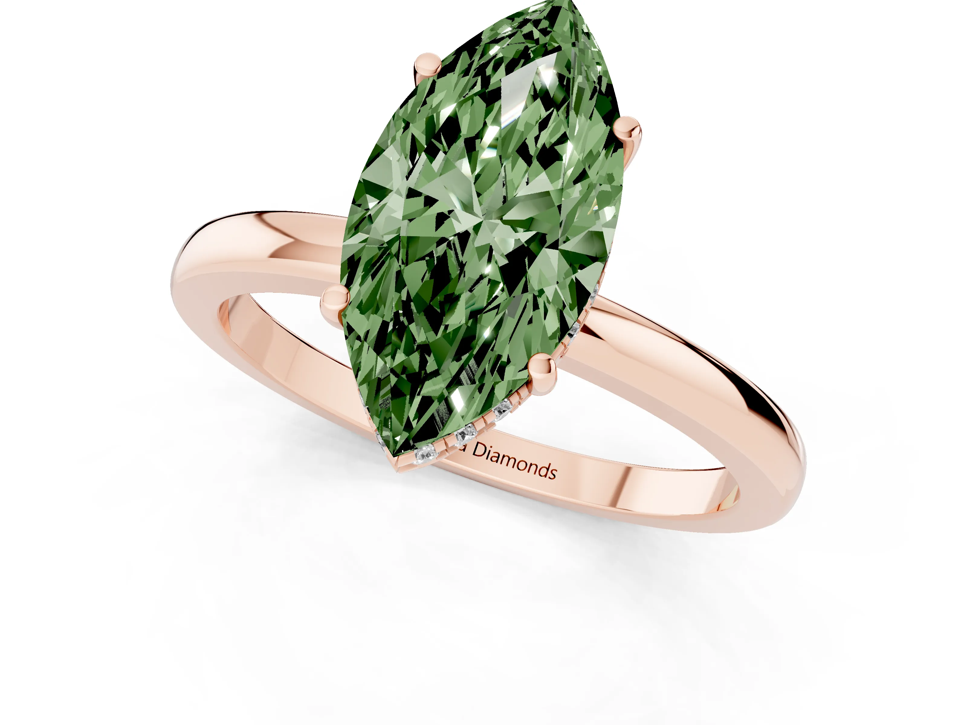 Fancy Green Marquise Cut Diamond Solitaire Ring Set in Rose gold with Plain Band and Prong Setting