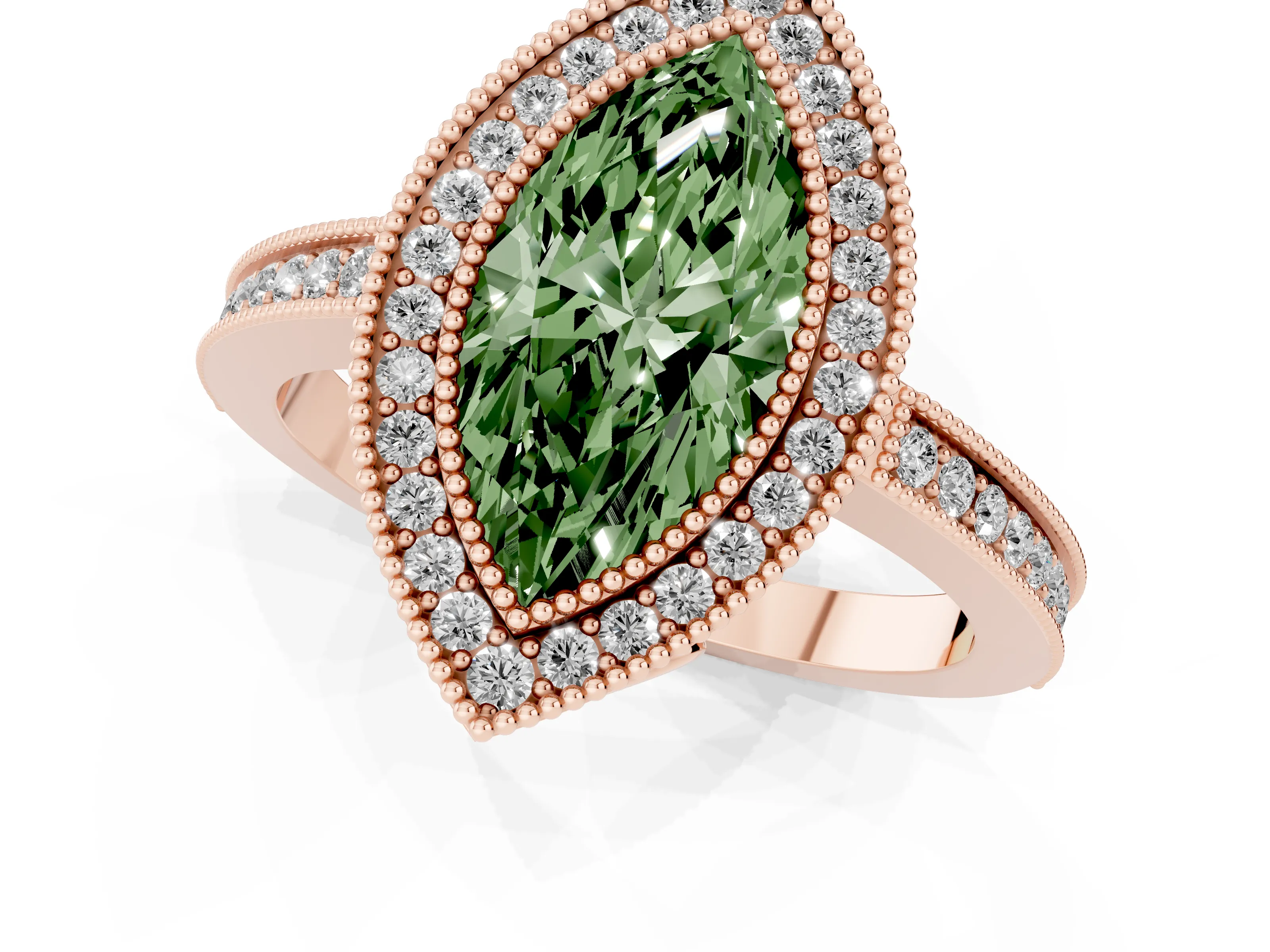 Fancy Green Marquise Cut Diamond Halo Ring Set in Rose gold with Pavé Band and Milgrain-Edged Prongs