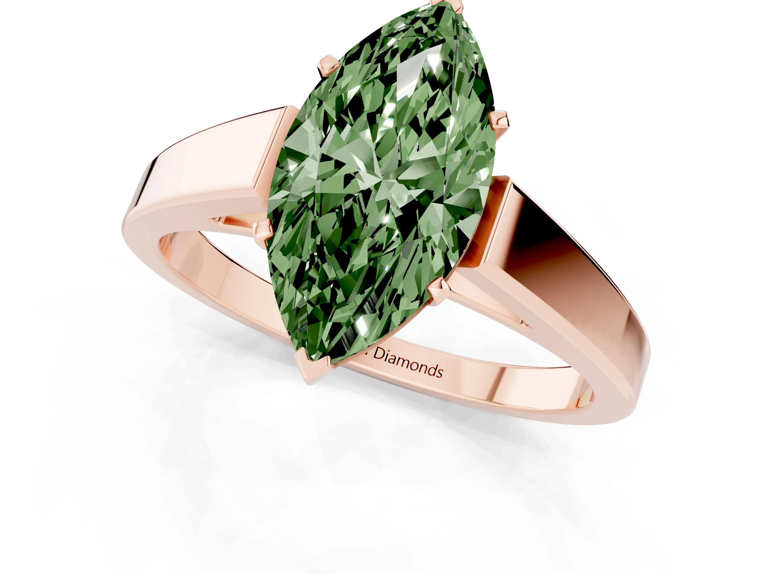 Fancy Green Marquise Cut Diamond Solitaire Engagement Ring Set in Rose gold with Prong Setting and Tapered Band