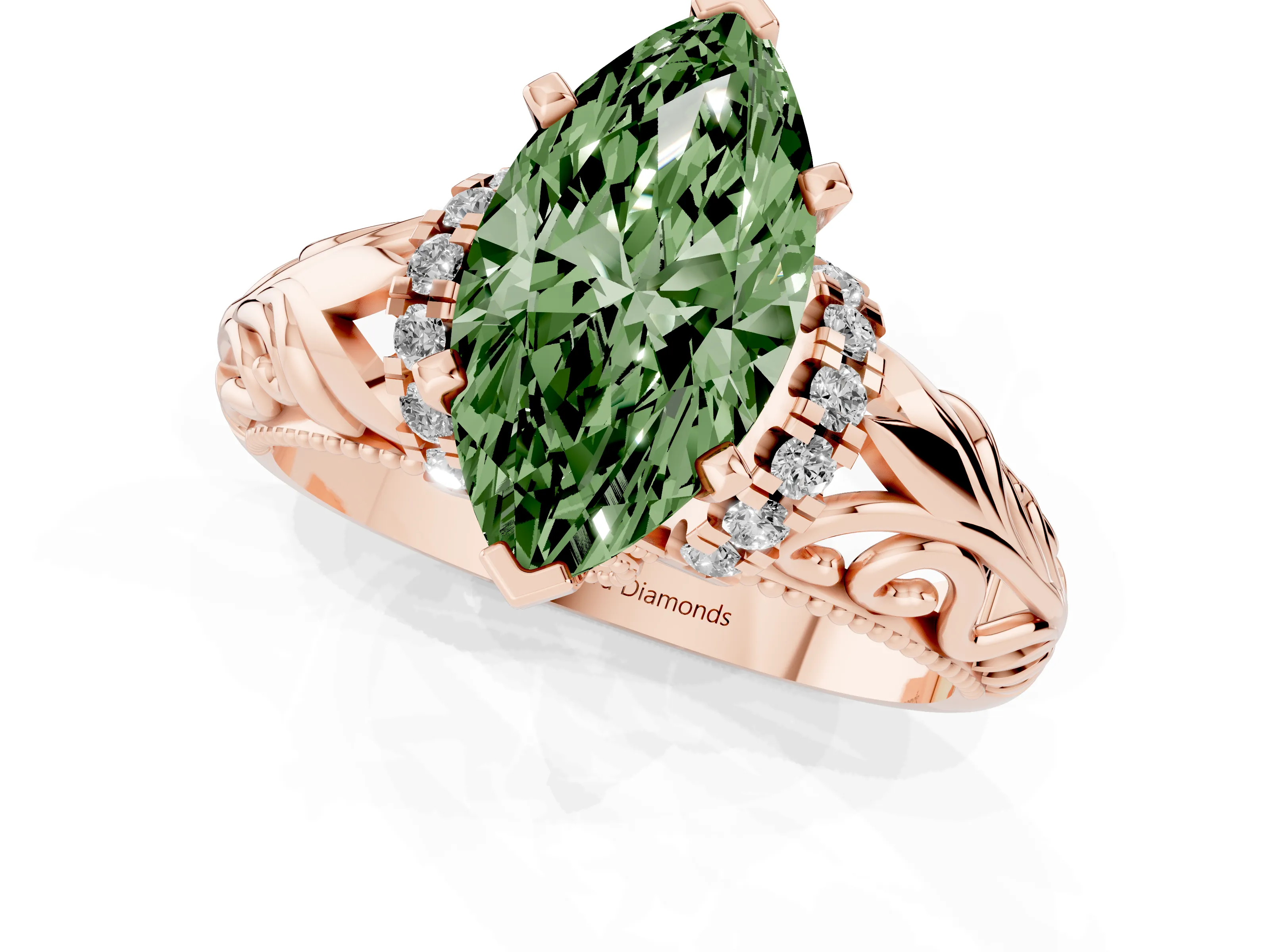 Fancy Green Marquise Cut Diamond Filigree Halo Engagement Ring Set in Rose gold with Prong Setting