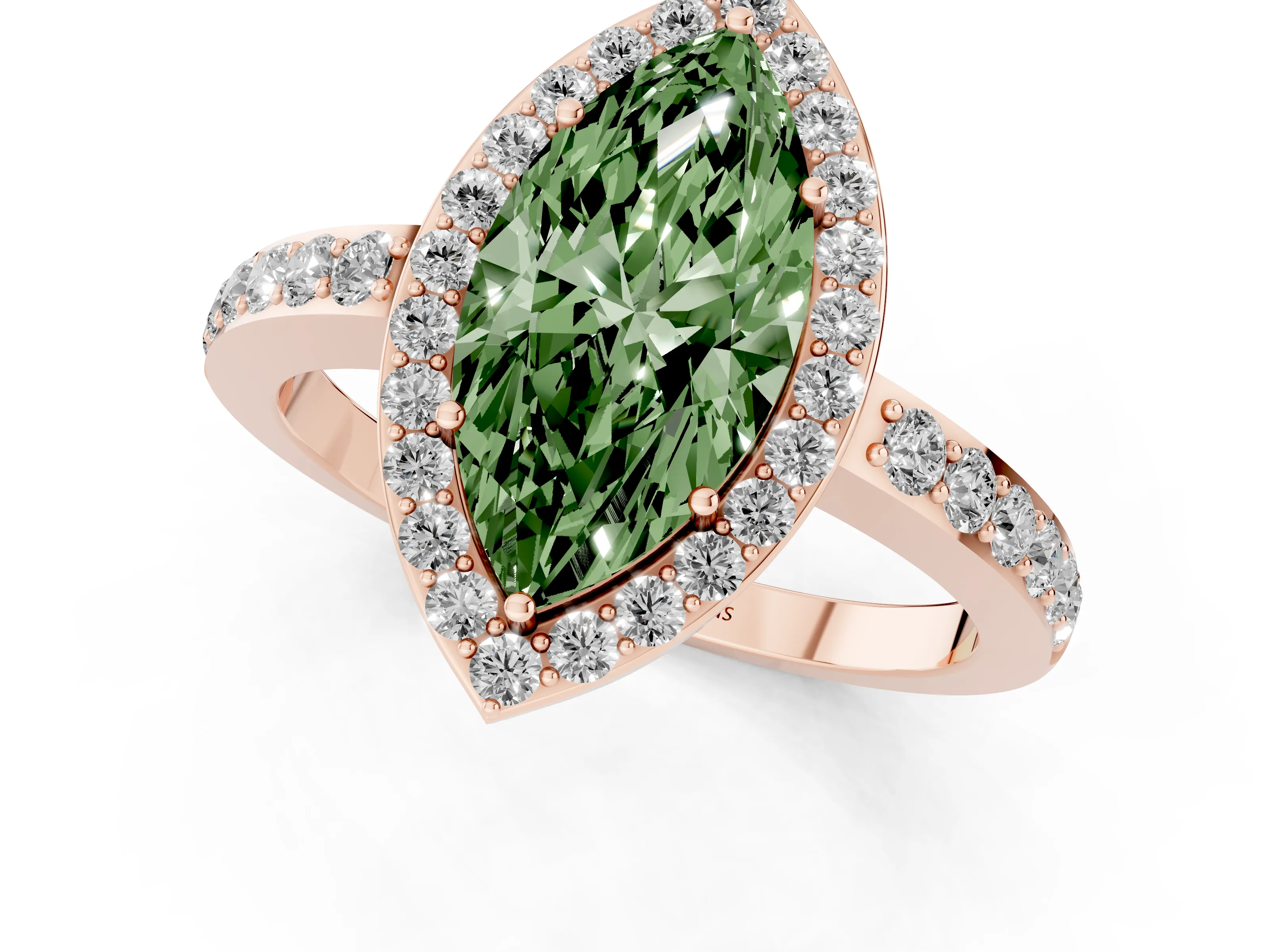 Fancy Green Marquise Cut Diamond Halo Ring Set in Rose gold with Pavé-Setting Band and Open Prong Center