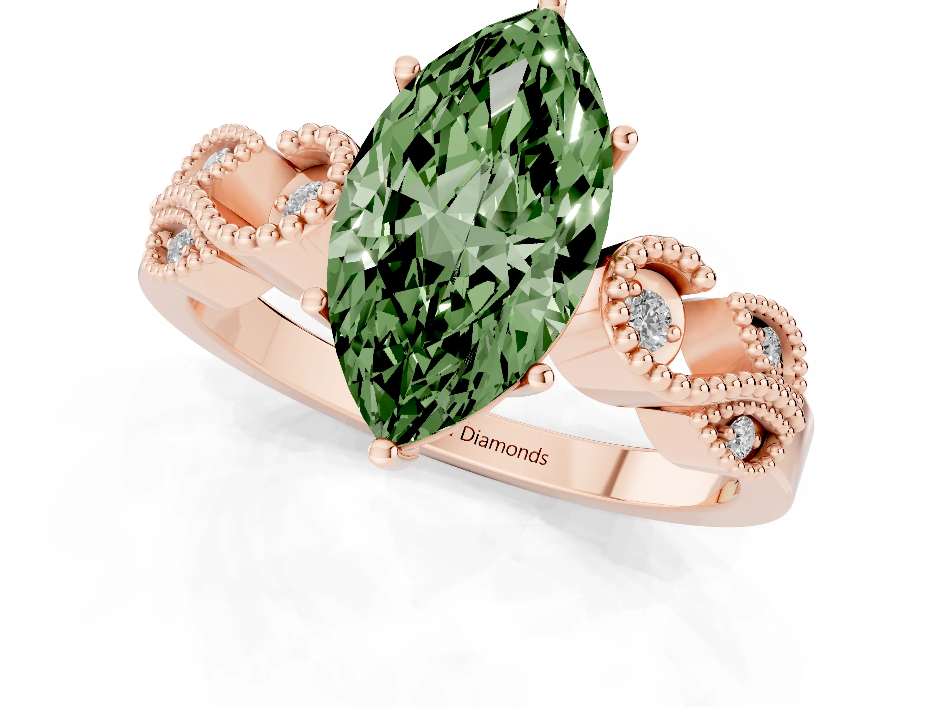 Fancy Green Marquise Cut Diamond Milgrain Leaf Band Solitaire Ring Set in Rose gold with Accent Stones and Prong Setting