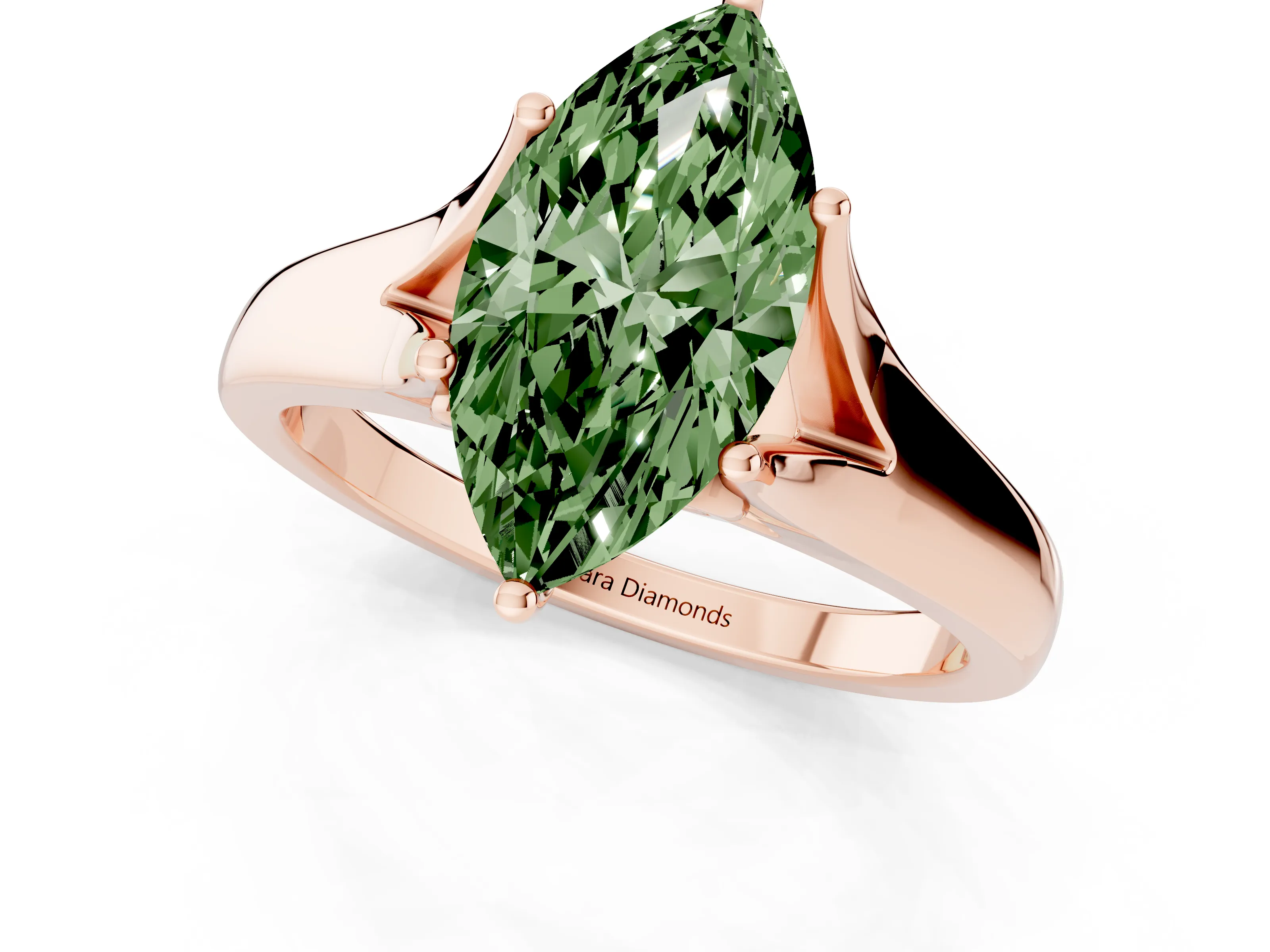 Fancy Green Marquise Cut Diamond Solitaire Ring Set in Rose gold with Arched Cathedral Band and Prong Setting