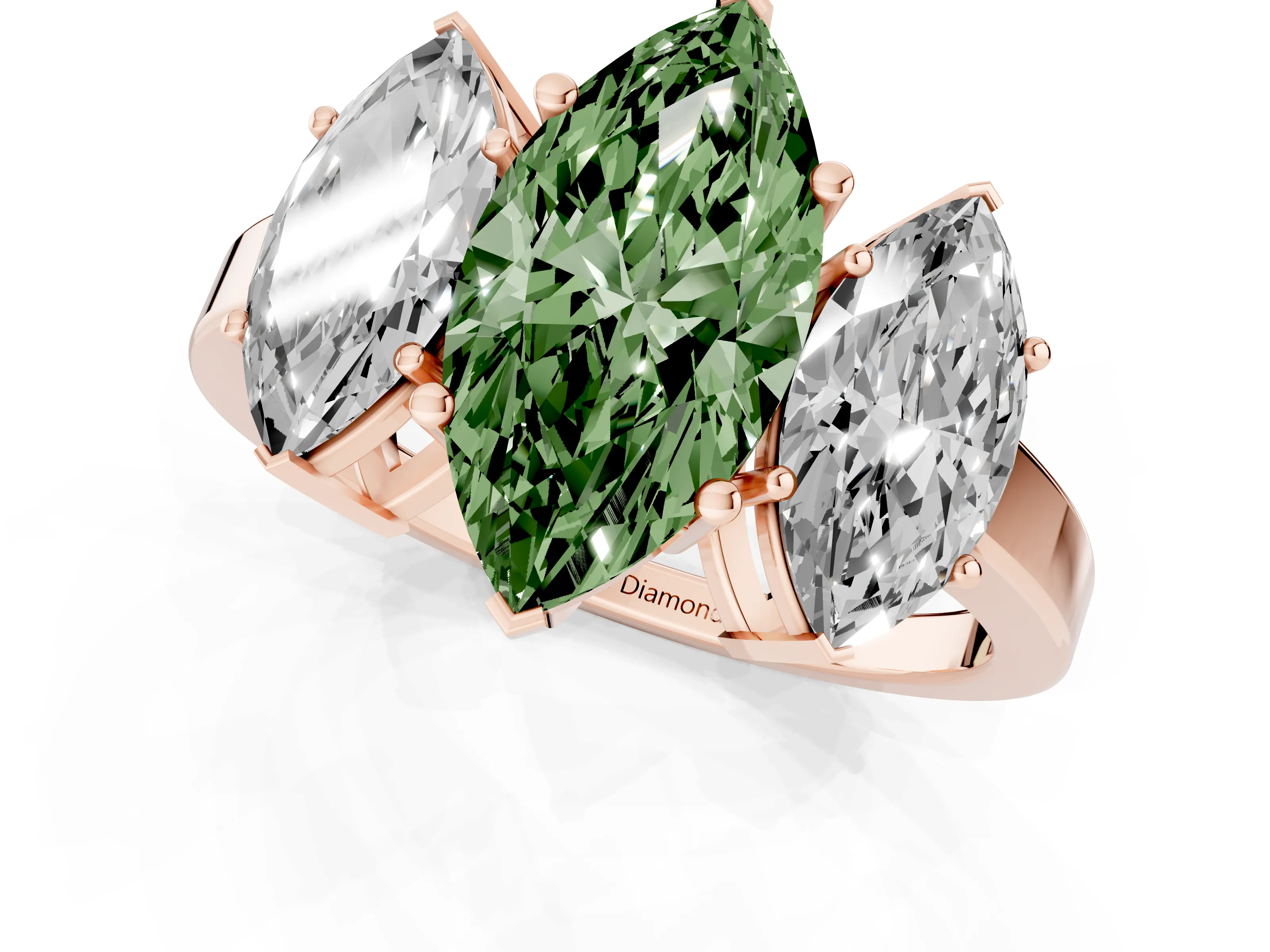 Fancy Green Marquise Cut Diamond Three-Stone Engagement Ring Set in Rose gold with Flat Band