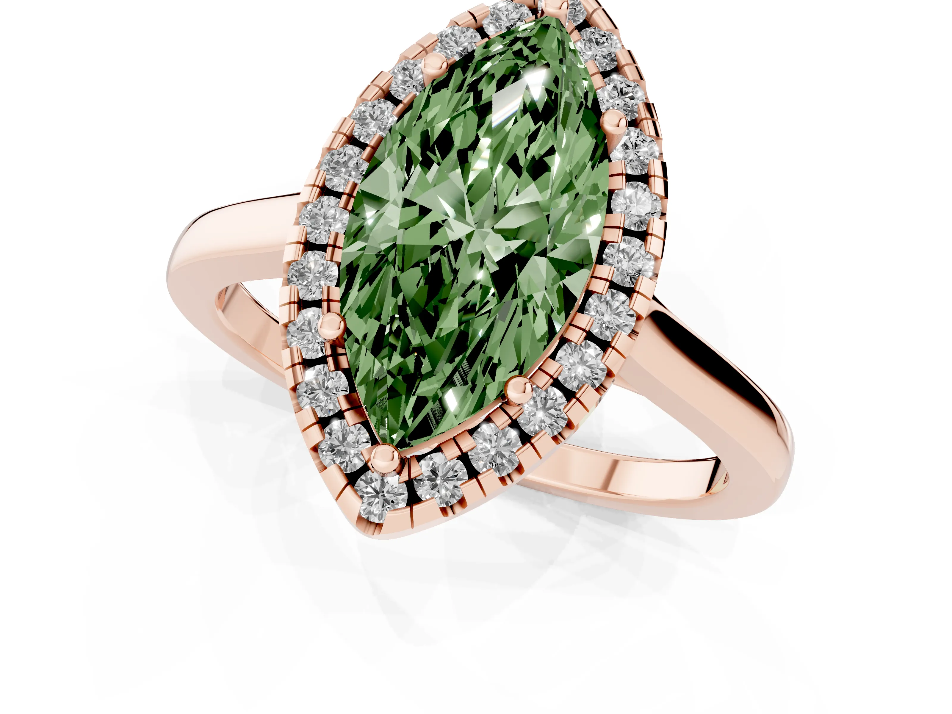 Fancy Green Marquise Cut Halo Round Diamond Solitaire Ring Set in Rose gold with Pavé Band and Prong Setting