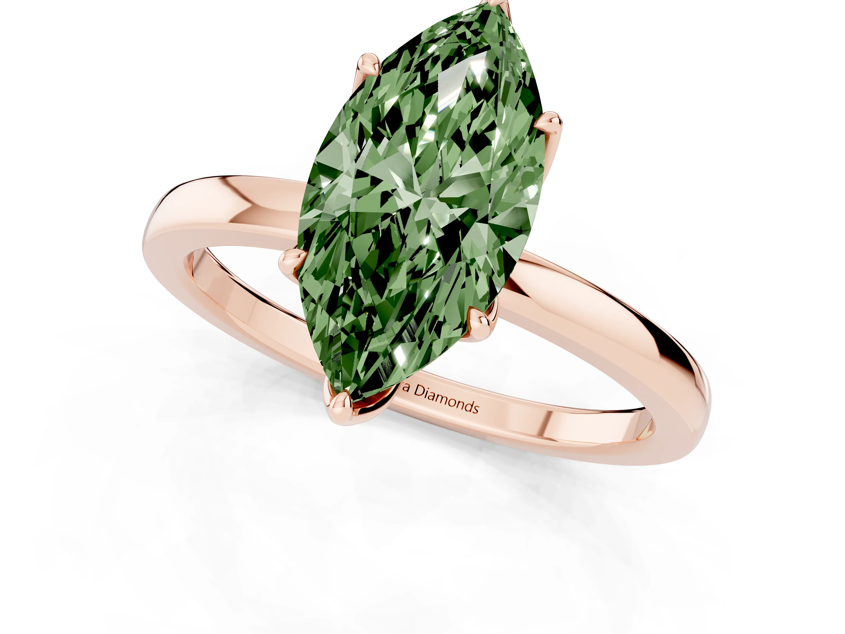 Fancy Green Marquise Cut Diamond Solitaire Ring Set in Rose gold with Prong Setting and Thin Polished Band