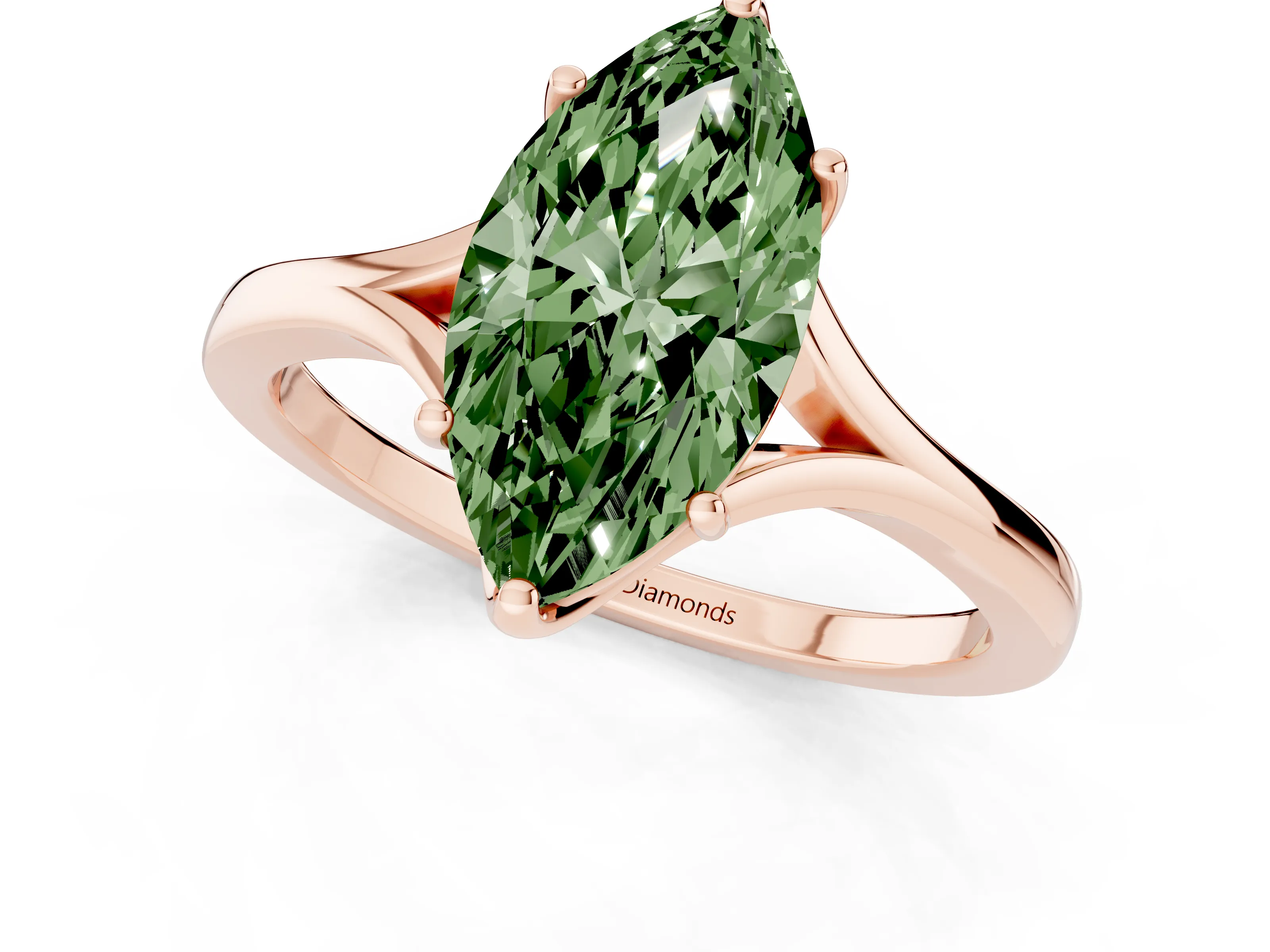 Fancy Green Marquise Cut Diamond Solitaire Ring Set in Rose gold with Polished Tapered Band and Prong Setting