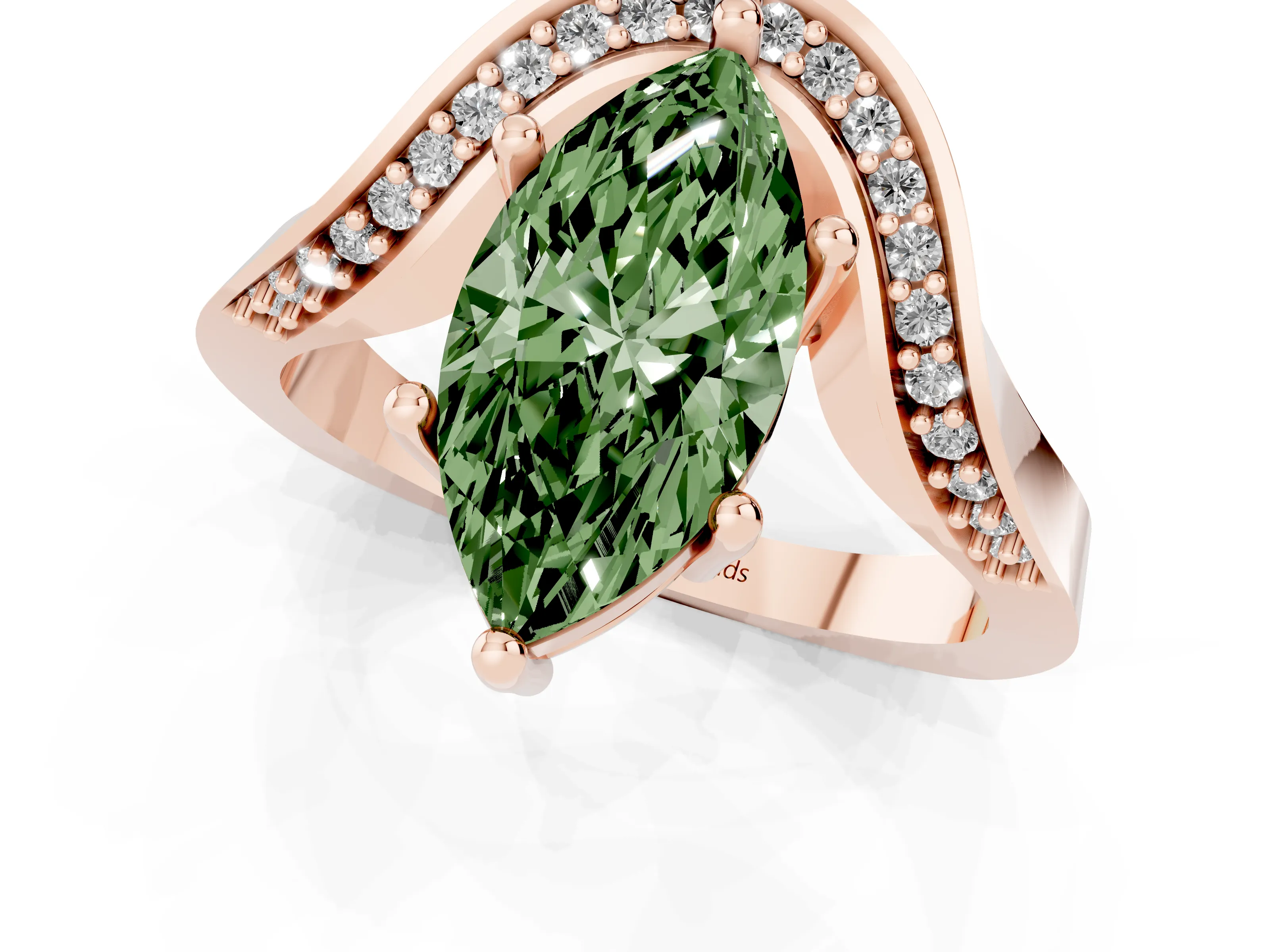 Fancy Green Marquise Cut Diamond Solitaire Engagement Ring Set in Rose gold with Pavé Shoulders
