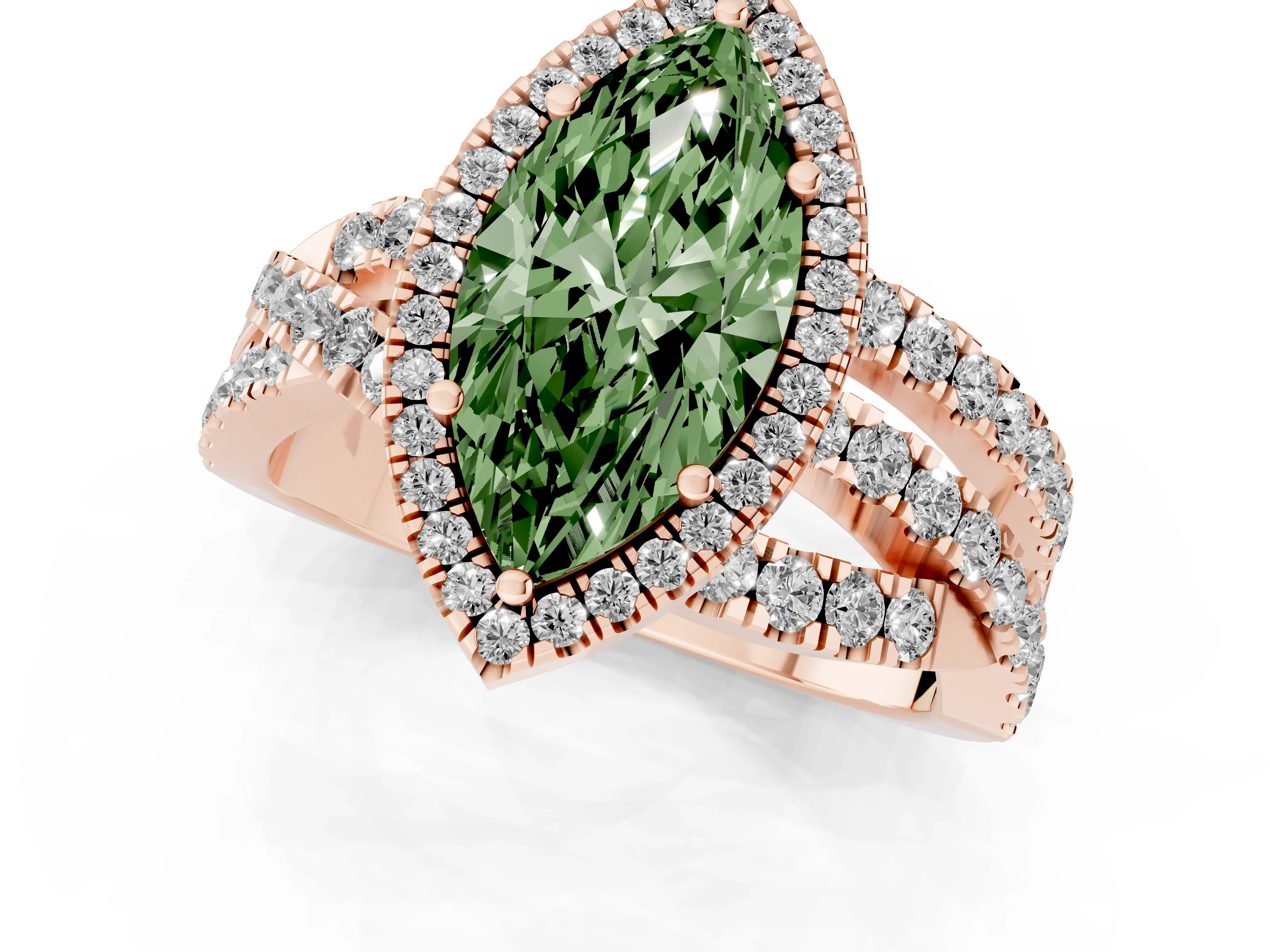 Fancy Green Marquise Cut Diamond Halo Ring Set in Rose gold with Round Crossover Split Shank and Prong Setting