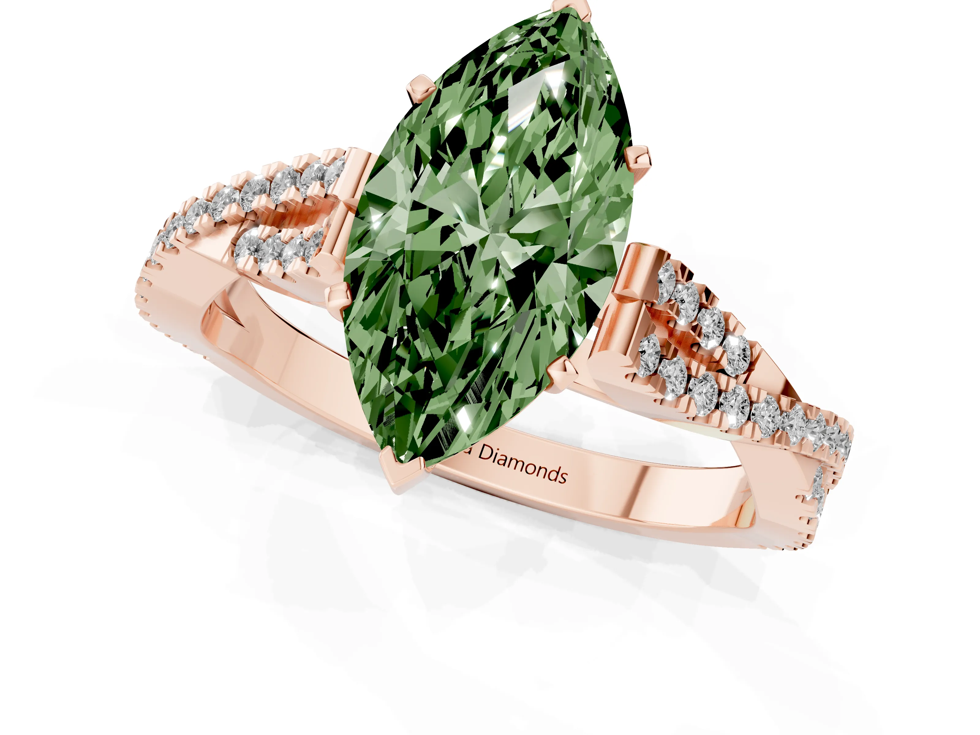 Fancy Green Marquise Cut Diamond Solitaire Engagement Ring Set in Rose gold with Twisted Pavé Band and Prong Setting