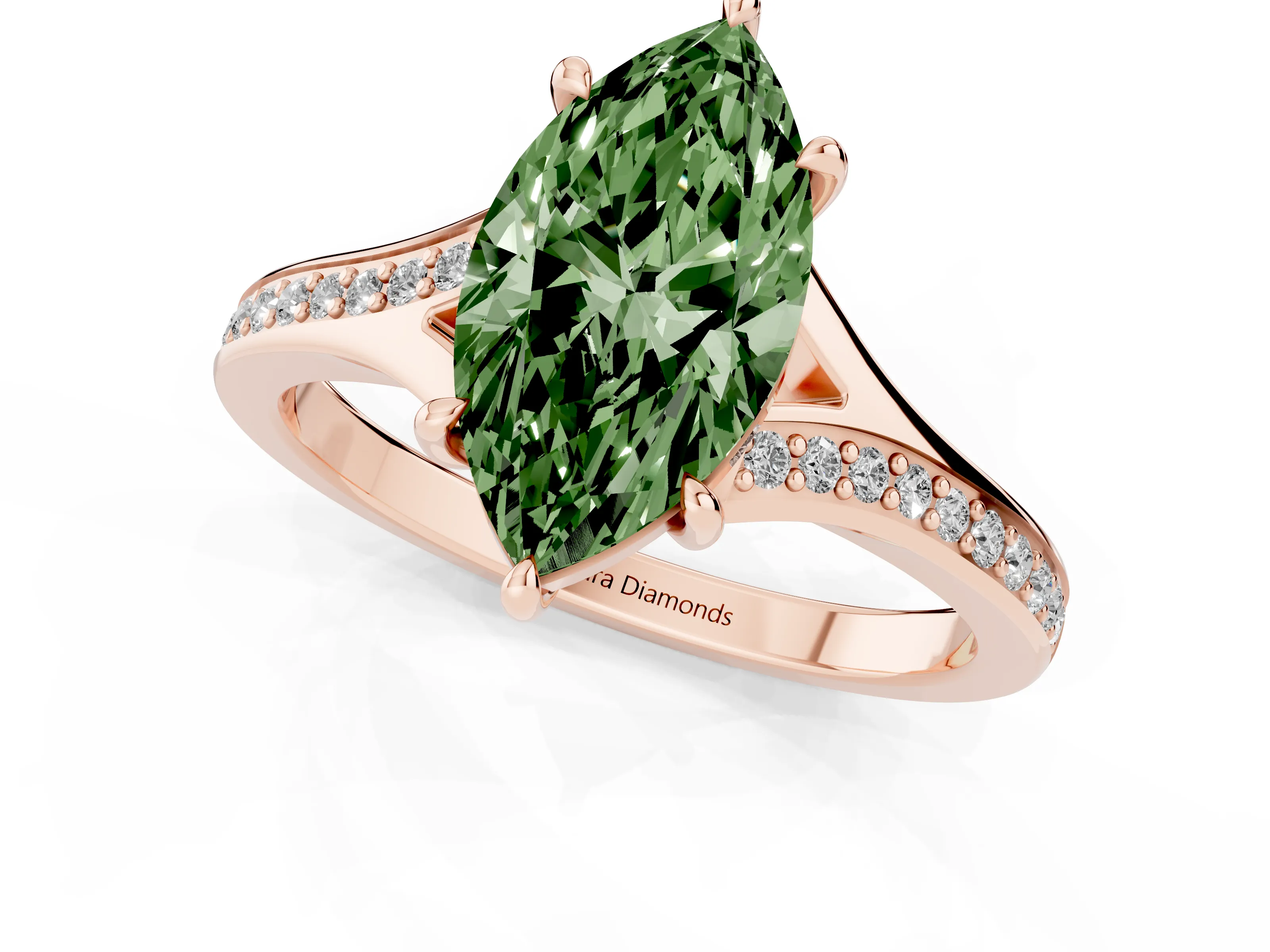 Fancy Green Marquise Cut Diamond Solitaire Ring Set in Rose gold with Pavé Accent Band and Classic Prong Setting