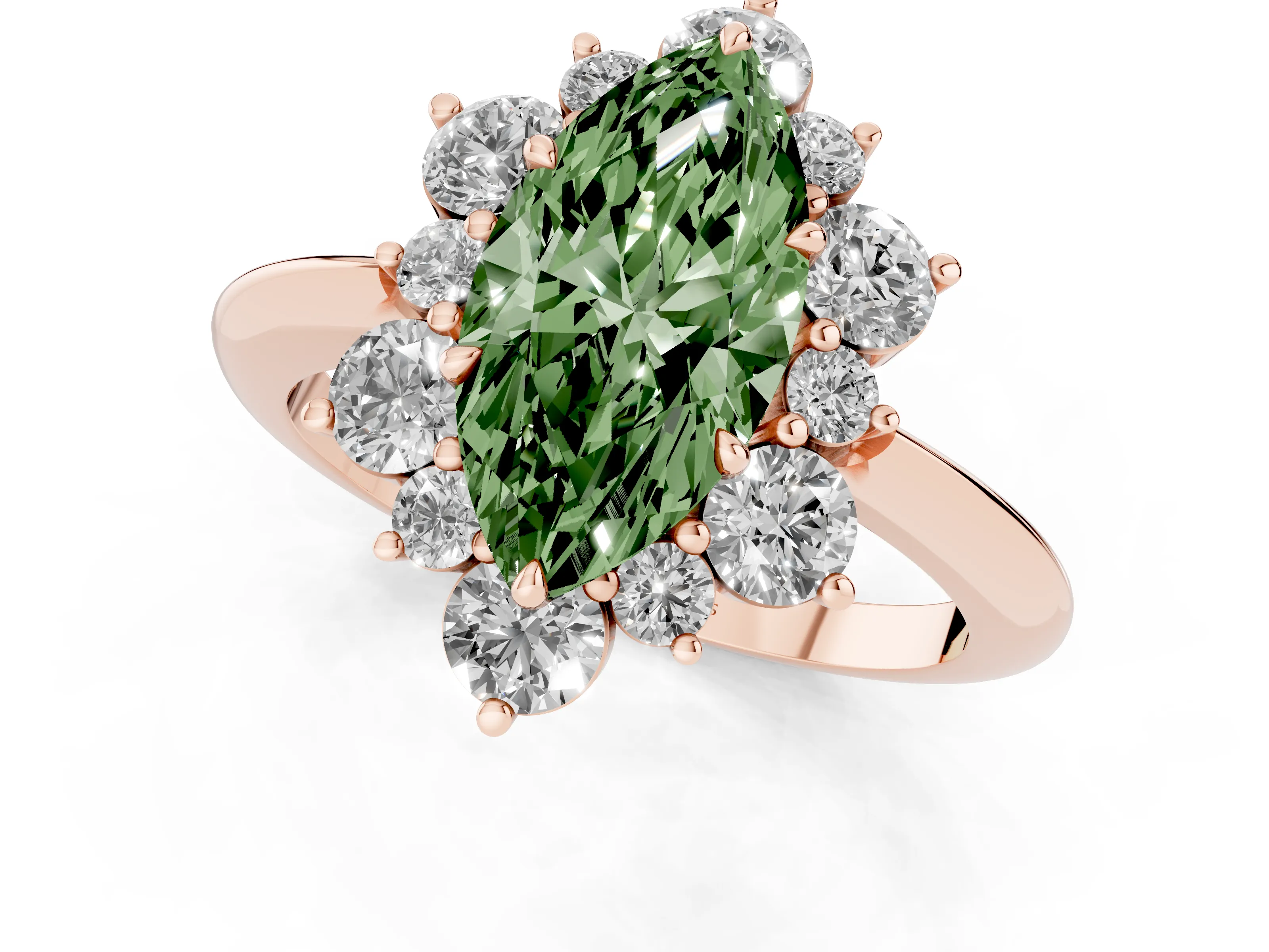 Fancy Green Marquise Cut Diamond Cluster Halo Ring Set in Rose gold with Solitaire Band and Prong Setting
