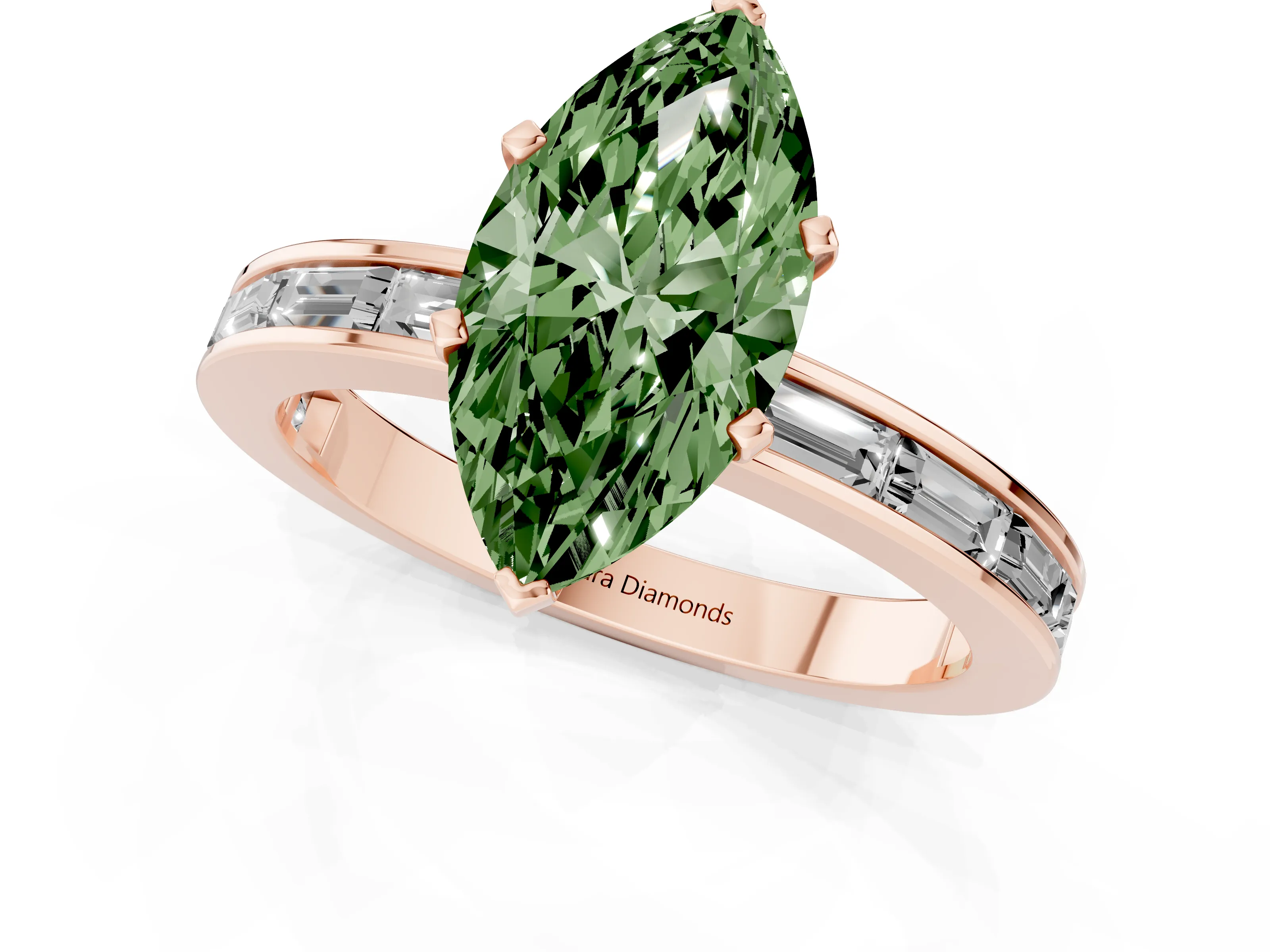 Fancy Green Marquise Cut Diamond Solitaire Ring Set in Rose gold with Channel-Set Baguette Band and Prong Setting