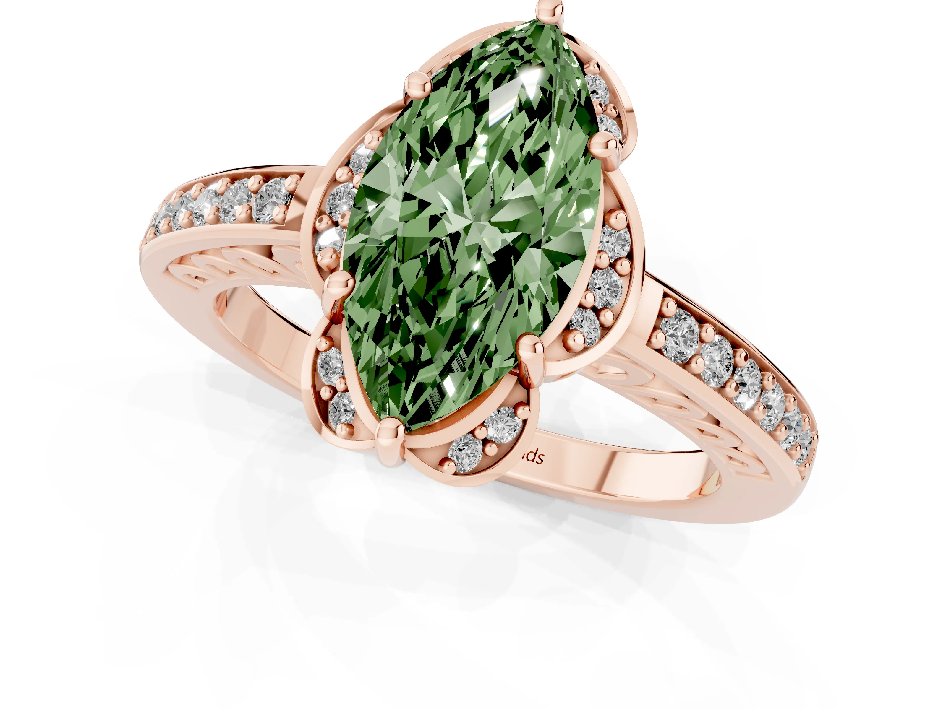 Fancy Green Marquise Cut Diamond Halo Ring Set in Rose gold with Channel Set Band and Prong Setting