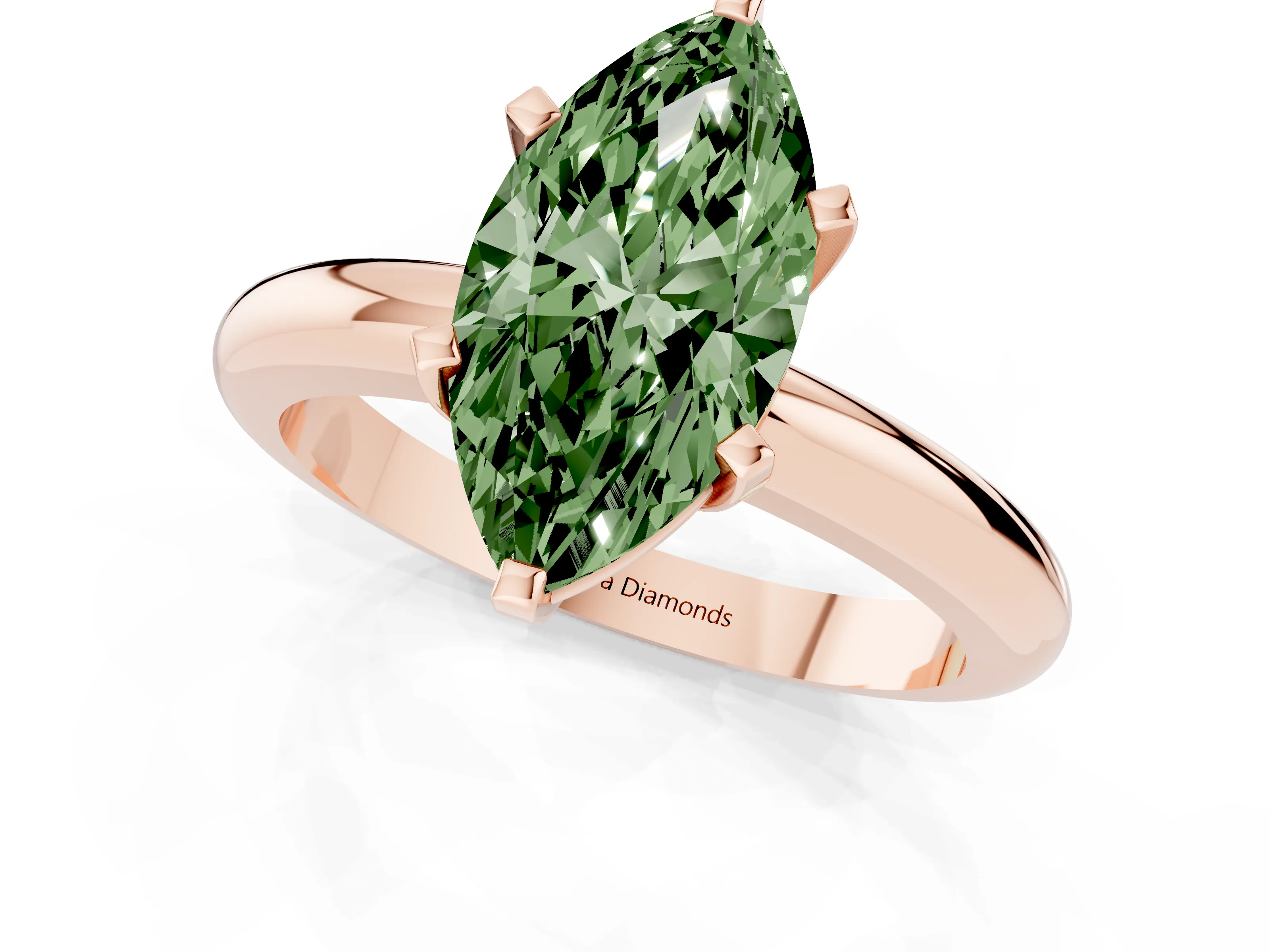Fancy Green Marquise Cut Diamond Solitaire Engagement Ring Set in Rose gold with Round Band and Prong Setting