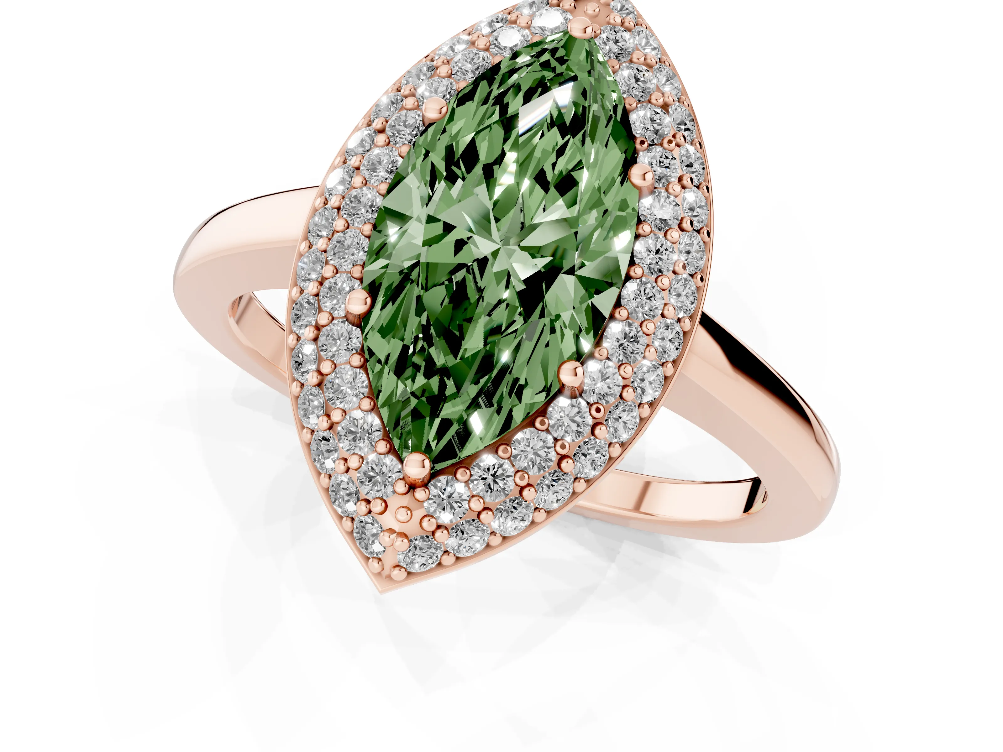 Fancy Green Marquise Cut Diamond Halo Engagement Ring Set in Rose gold with Solitaire Band and Prong Setting