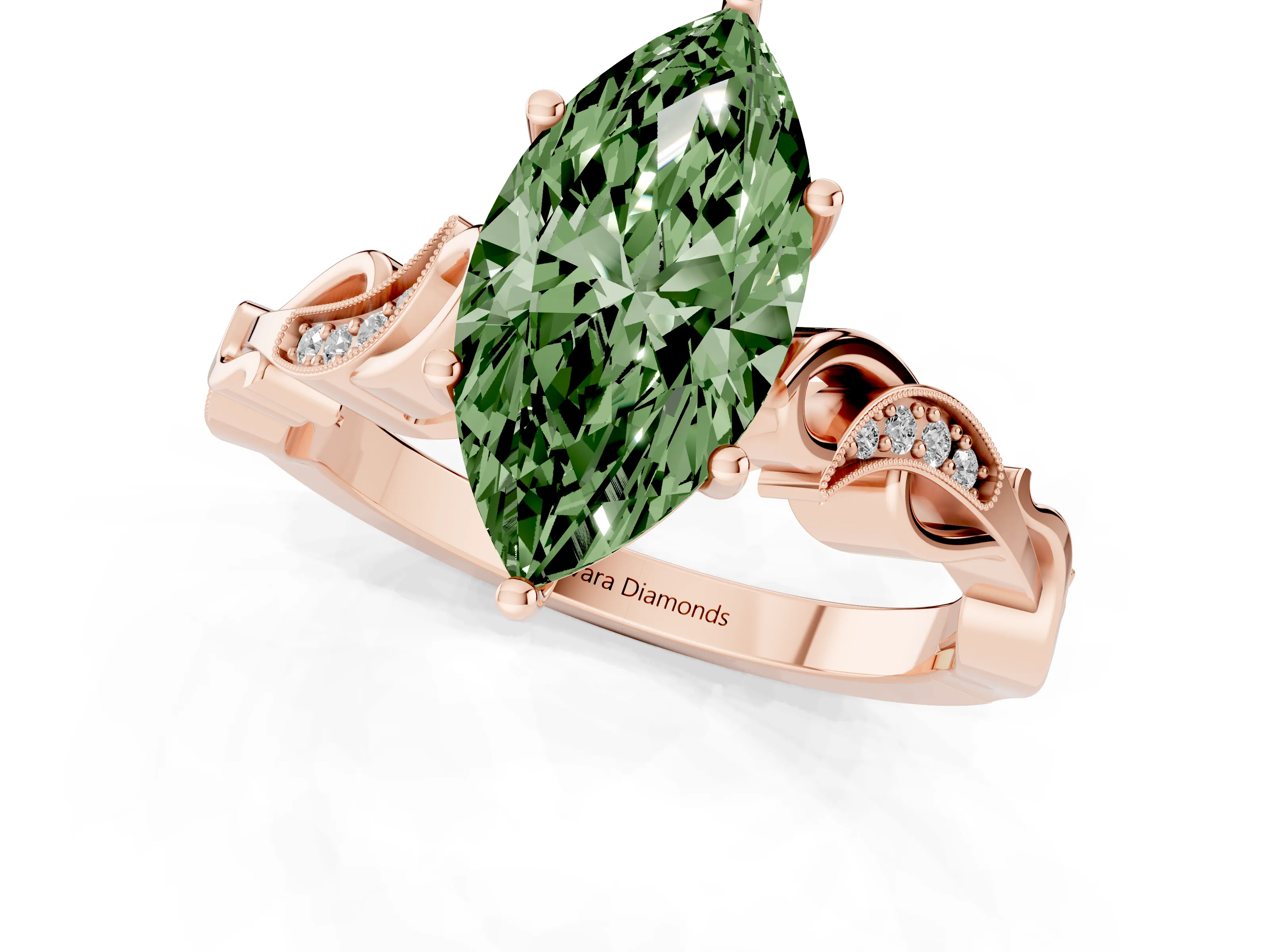 Fancy Green Marquise Cut Diamond Vine Band Solitaire Ring Set in Rose gold with Milgrain Prong Setting