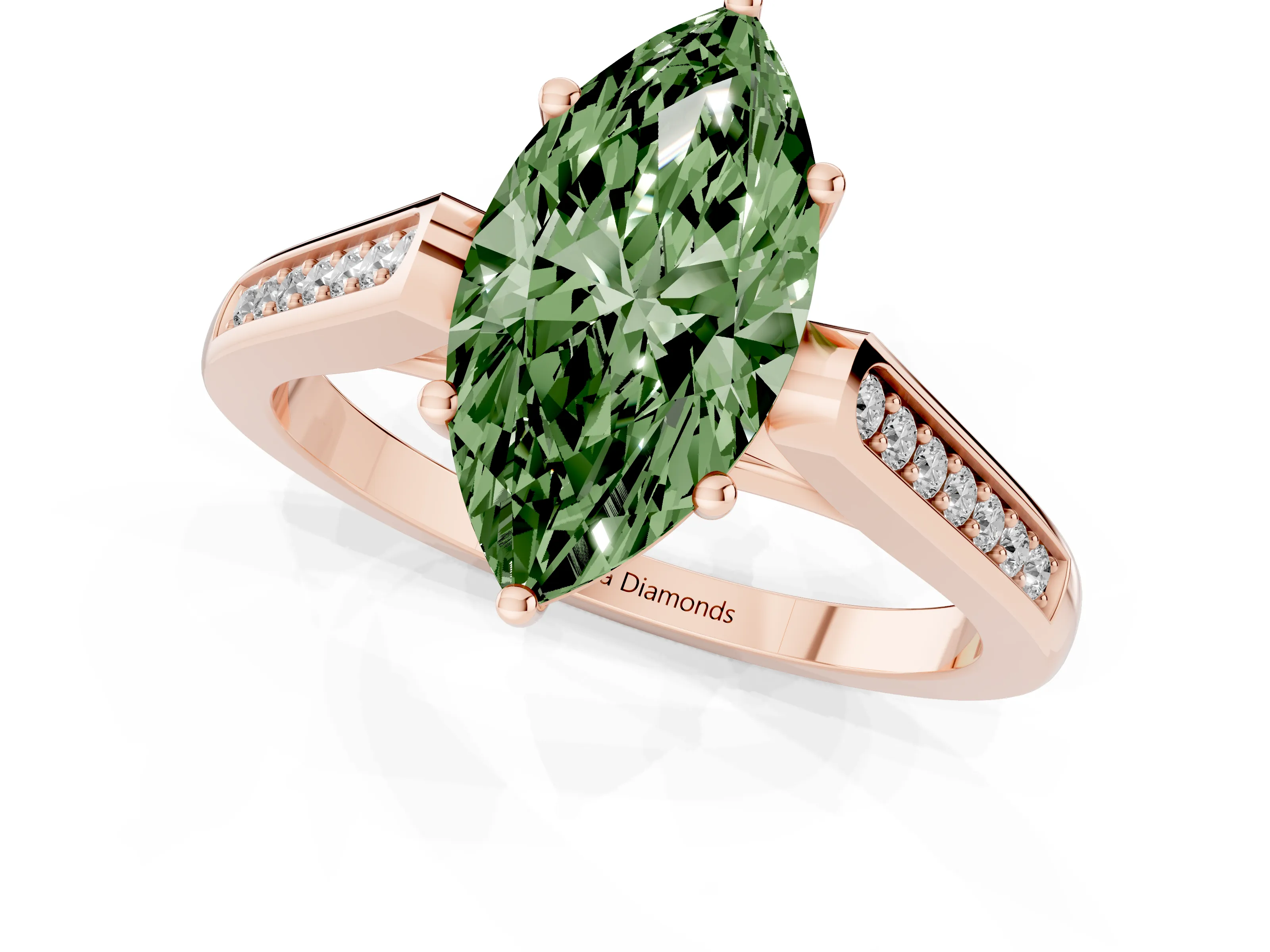 Fancy Green Marquise Cut Diamond Solitaire Cathedral Engagement Ring Set in Rose gold with Channel-Set Band and Prong Setting