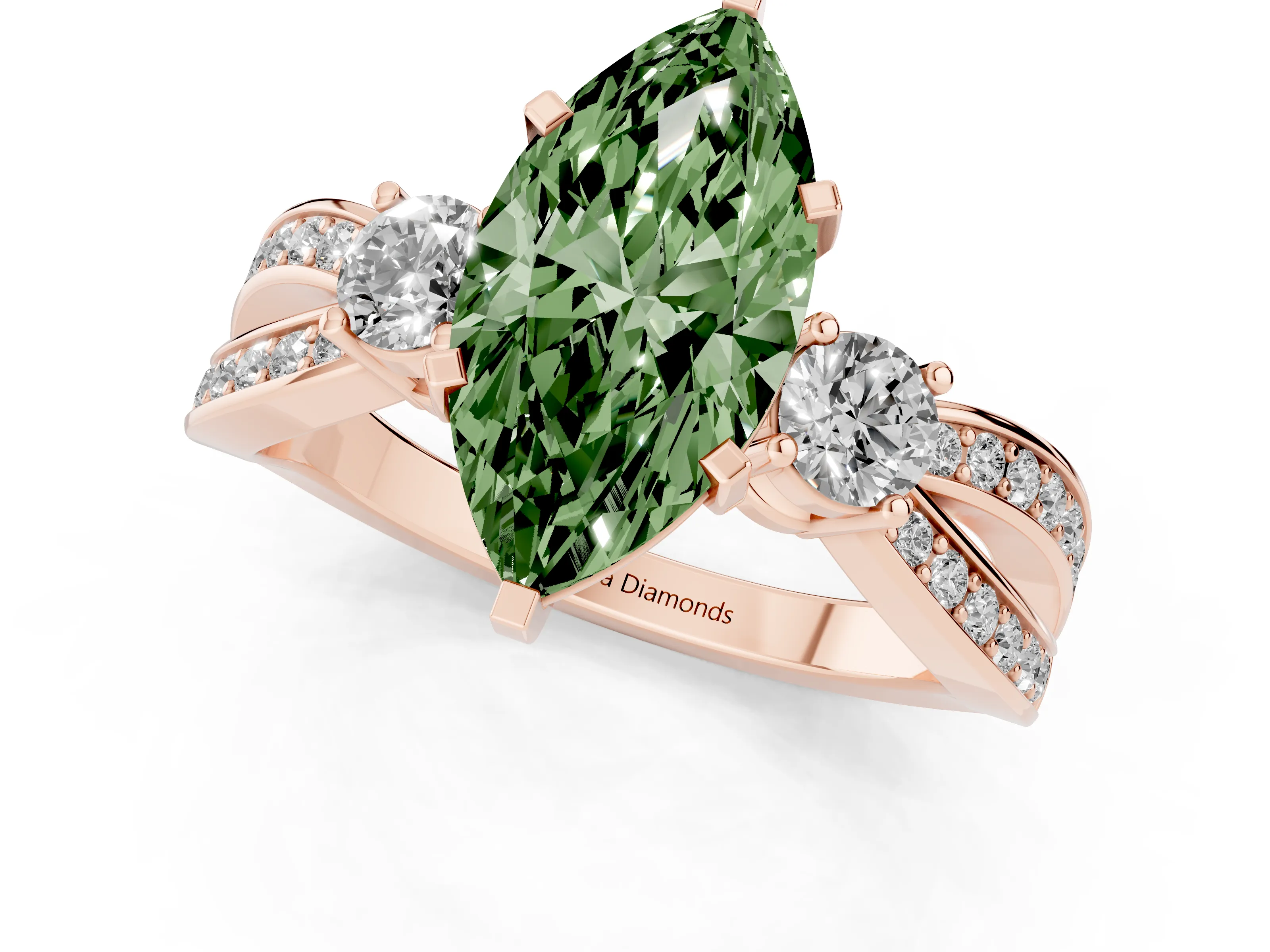 Fancy Green Three-Stone Marquise Cut Diamond Twist Band Ring Set in Rose gold with Pavé Accents and Prong Setting